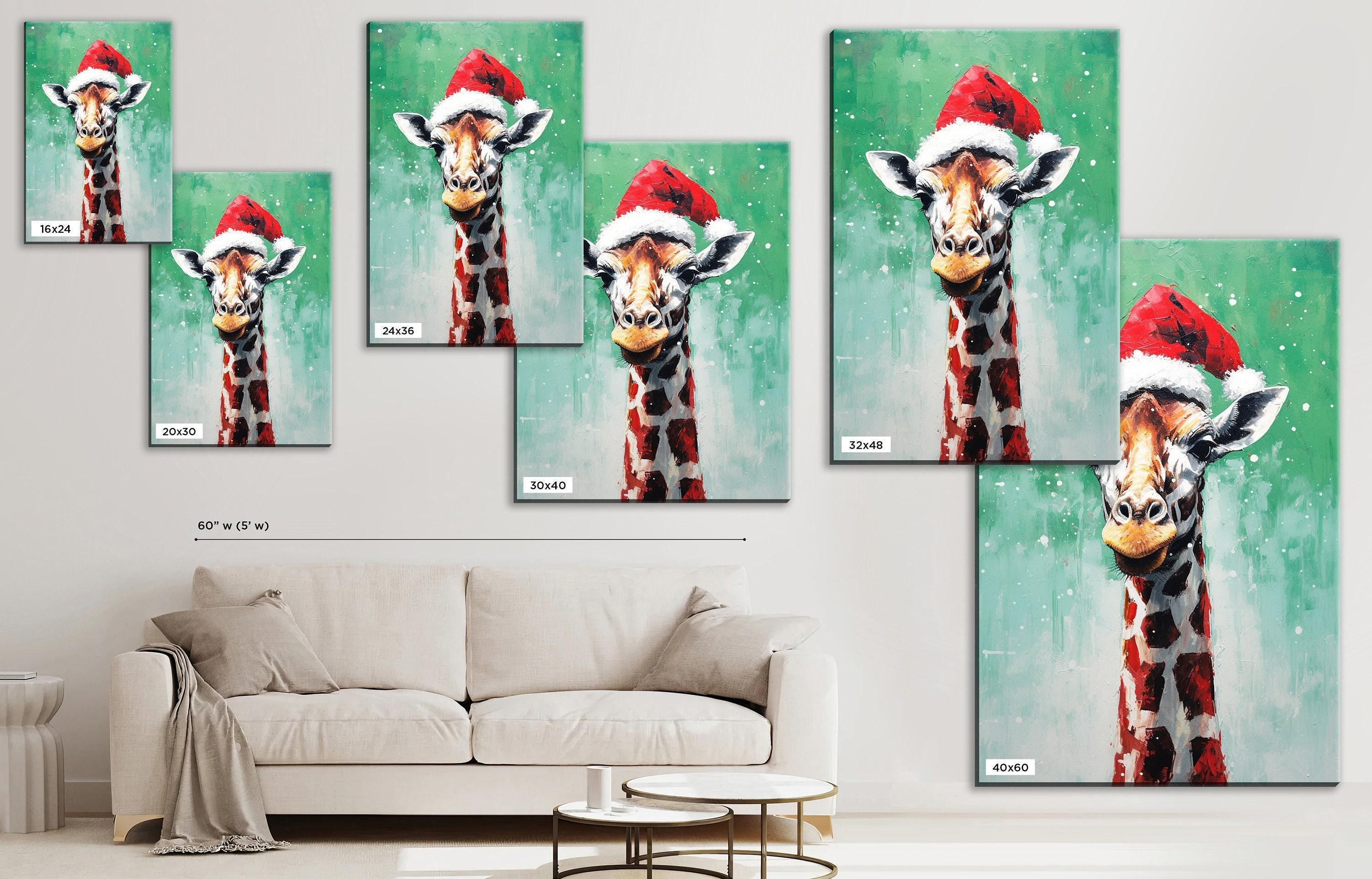 Holiday Giraffe Painting – Christmas Wall Art | Large Santa Hat Canvas Print