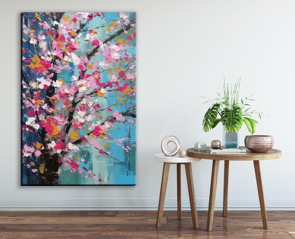 Cherry Blossom Canvas – Large Canvas Art | Abstract Floral Wall Decor in Pink & Blue