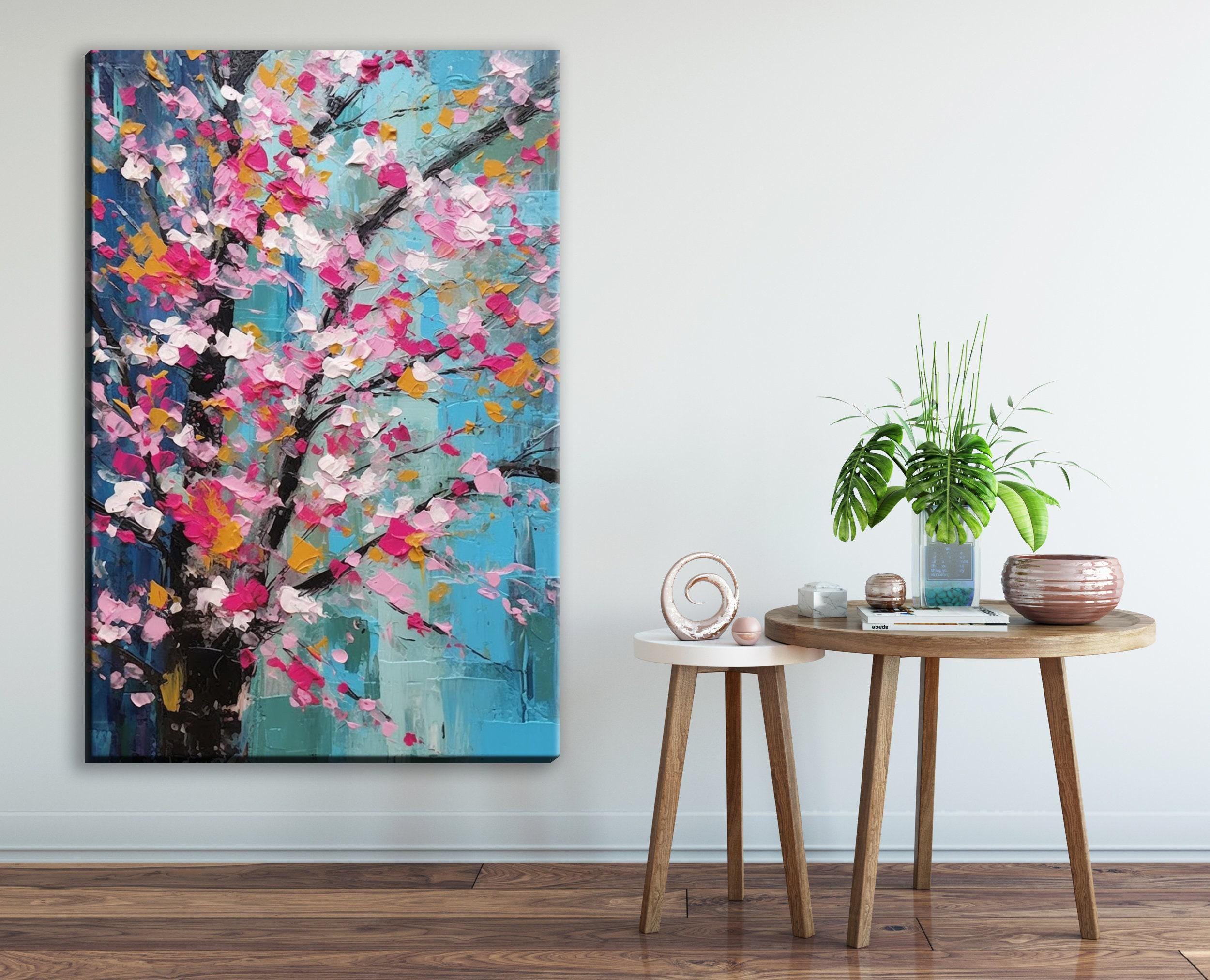 Cherry Blossom Canvas – Large Canvas Art | Abstract Floral Wall Decor in Pink & Blue