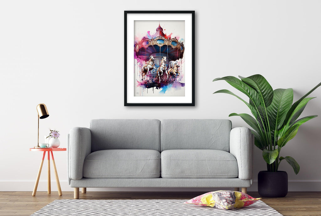 Whimsical Carousel: Watercolor Carnival Wall Art, Giclee Print on Canvas, Artist Paper, Watercolor Paper, Available in Extra Large Sizes