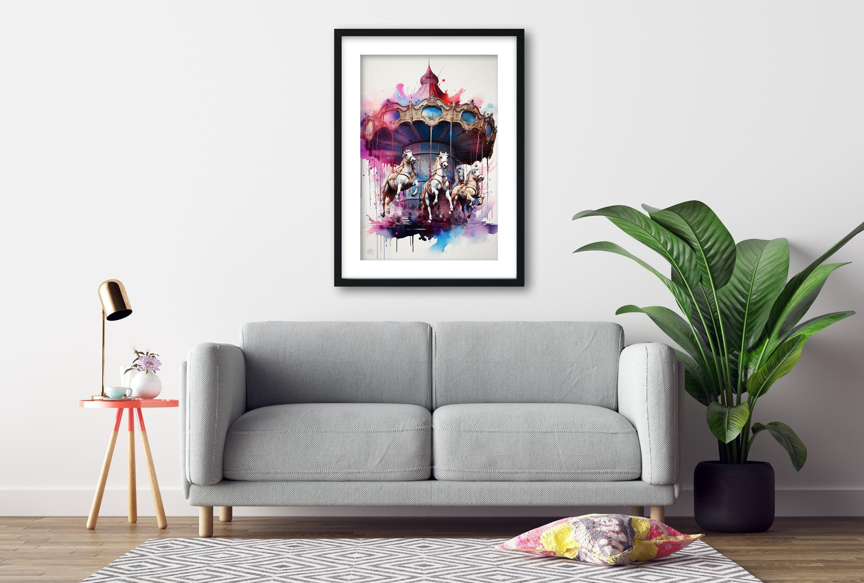 Whimsical Carousel: Watercolor Carnival Wall Art, Giclee Print on Canvas, Artist Paper, Watercolor Paper, Available in Extra Large Sizes