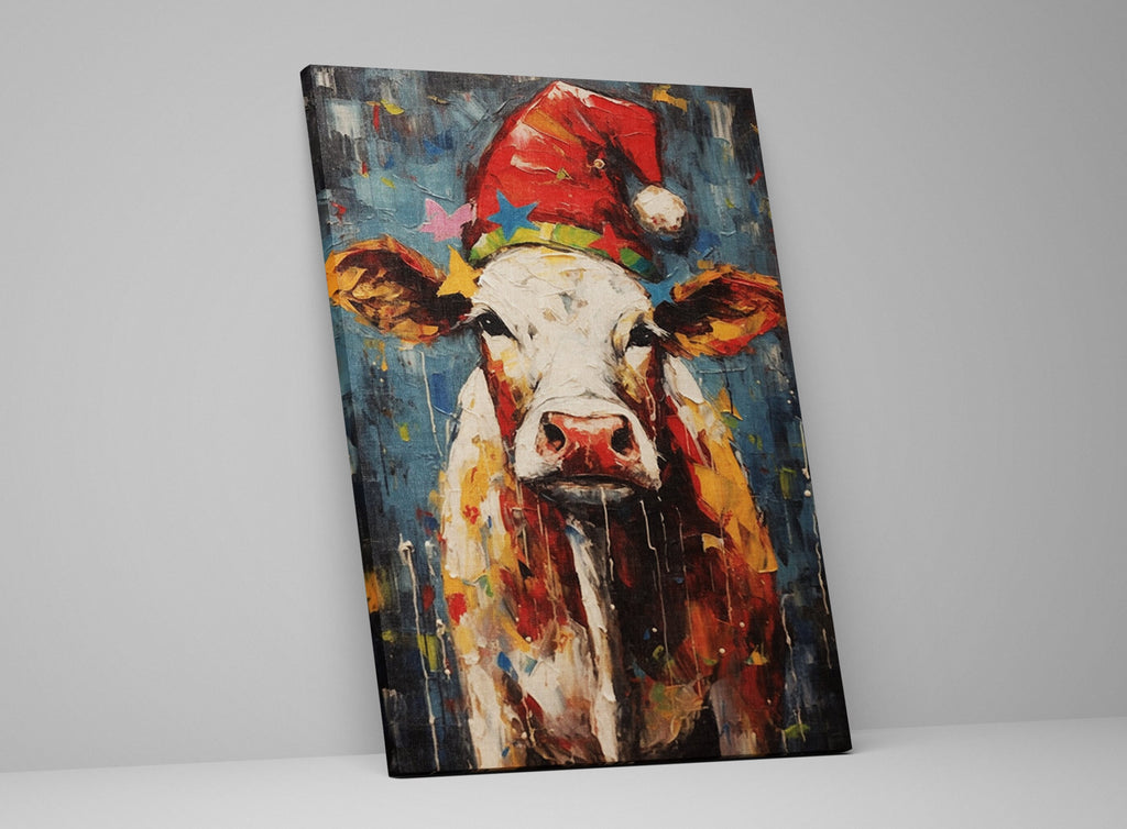 Festive Cow Canvas - Whimsical Christmas Wall Art | Holiday Farm Art Print