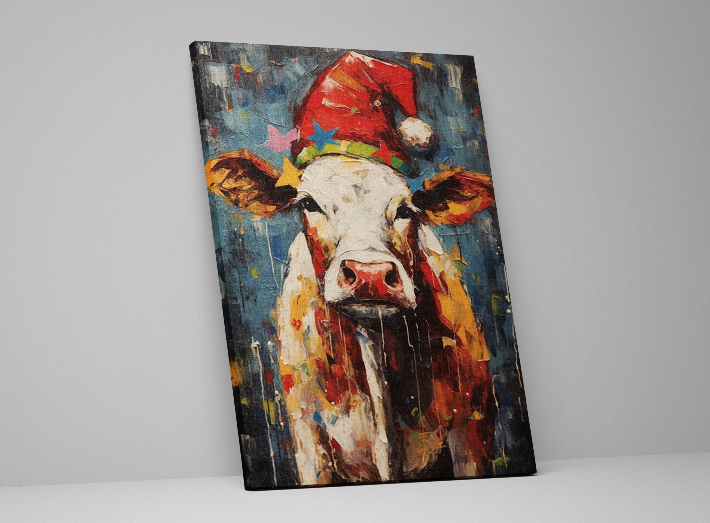 Festive Cow Canvas - Whimsical Christmas Wall Art | Holiday Farm Art Print