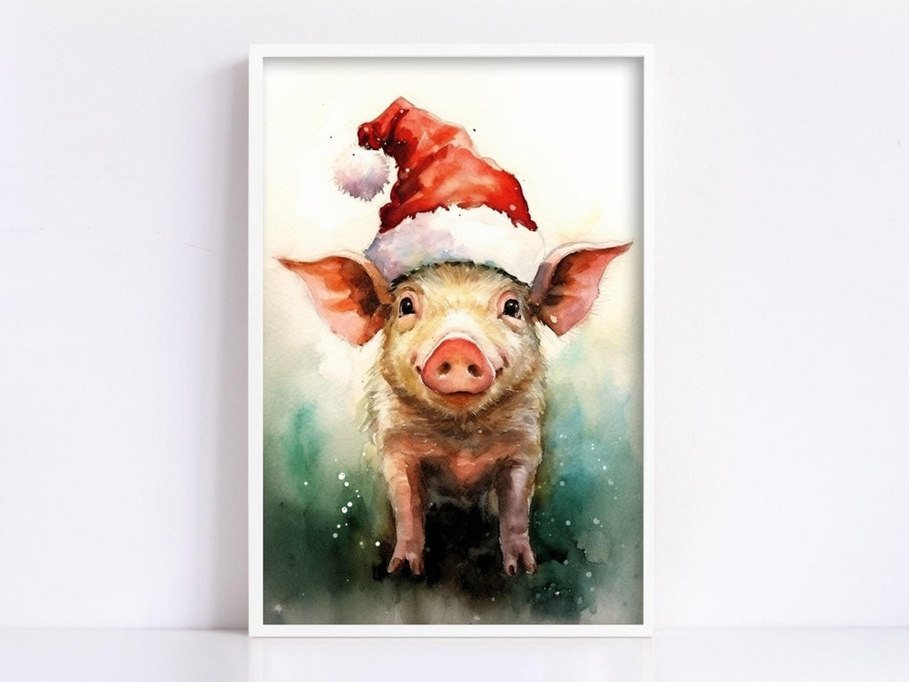 Festive Pig in Santa Hat Watercolor -  Christmas Art, Giclee Print on Canvas, Artist Paper, Watercolor Paper, Available in Extra Large Sizes