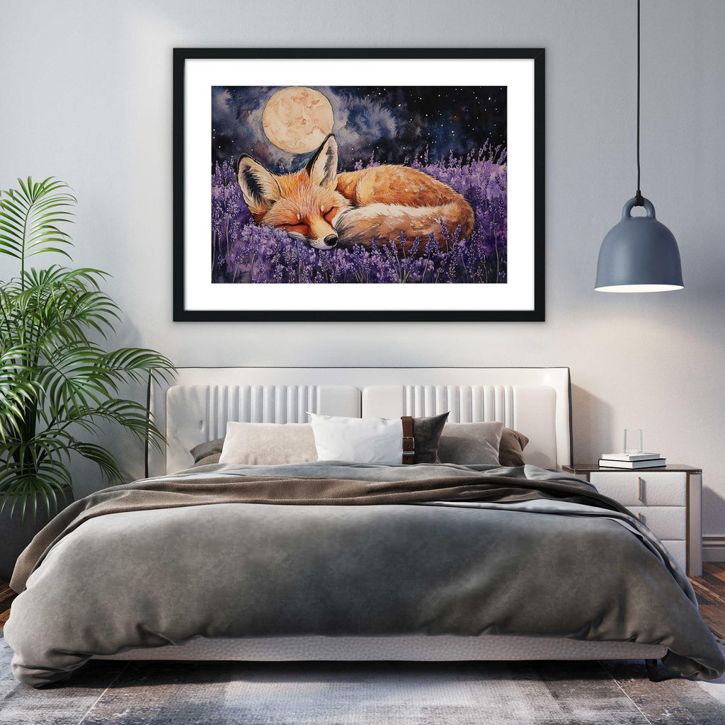 a bedroom with a large bed, a framed painting of a sleeping fox in a field of purple flowers, and a pendant light hanging above the bed.