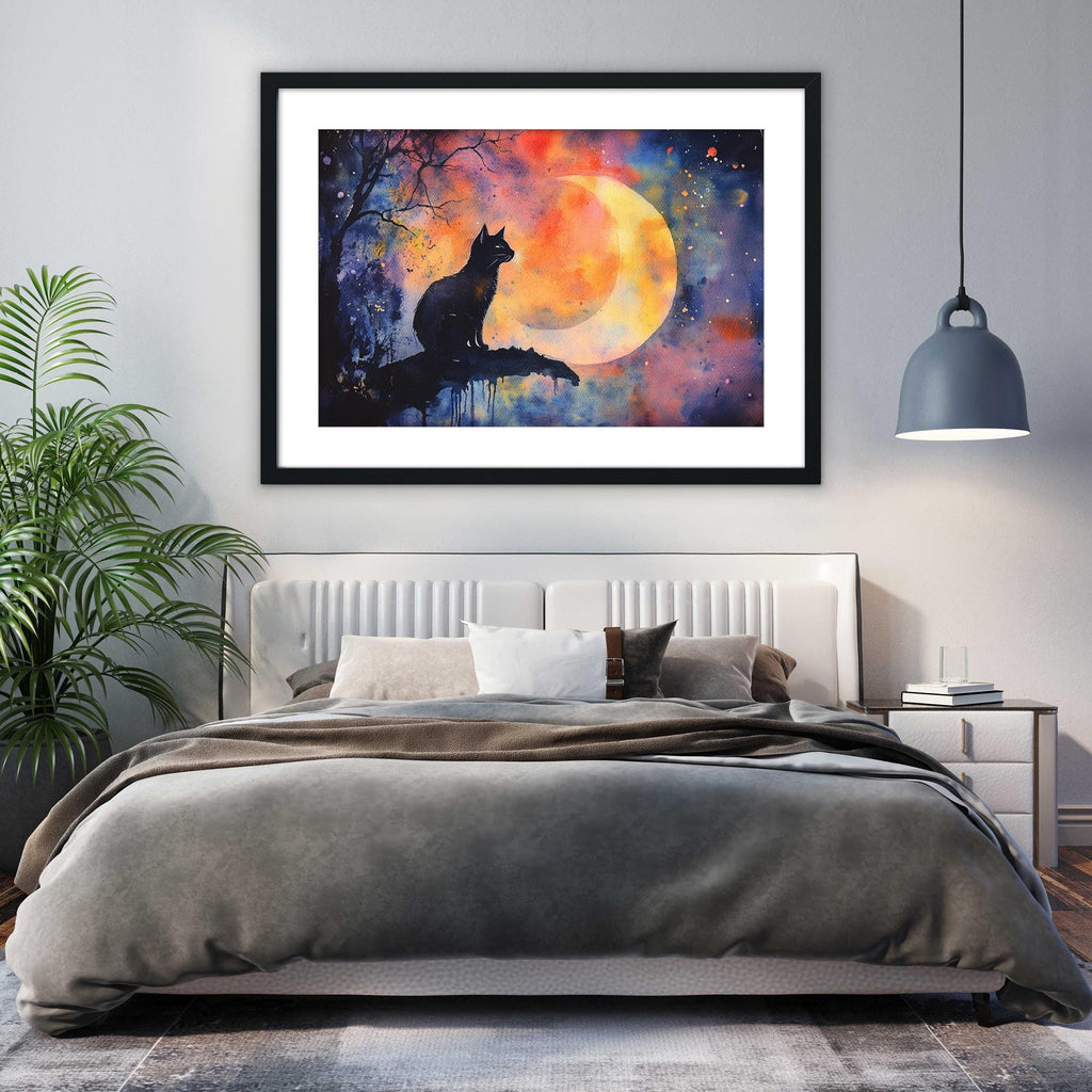 a bedroom with a large bed, a framed painting of a cat sitting on a branch under a full moon, and a potted plant on the left side of the room.