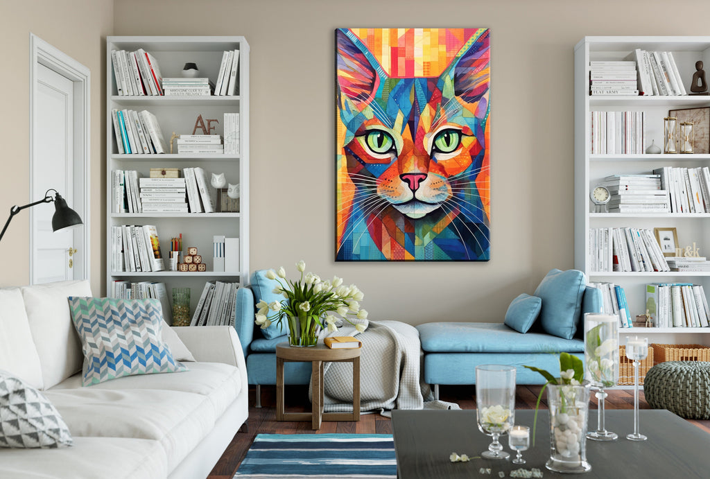 Cat Canvas Wall Art - Large Colorful Cat Portrait with Abstract Pop Art Painting
