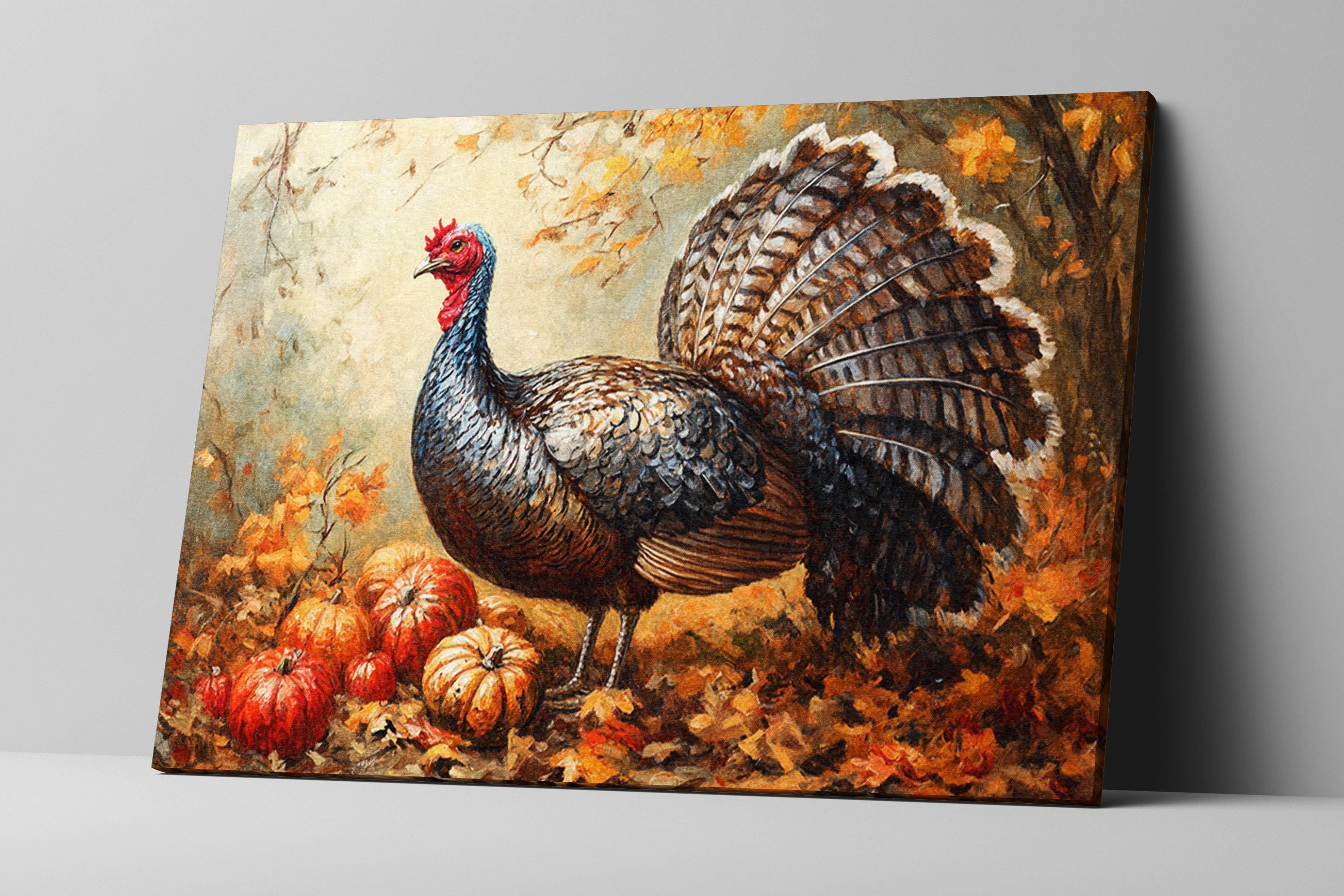 A painting of a turkey standing in a field with autumn leaves and pumpkins.