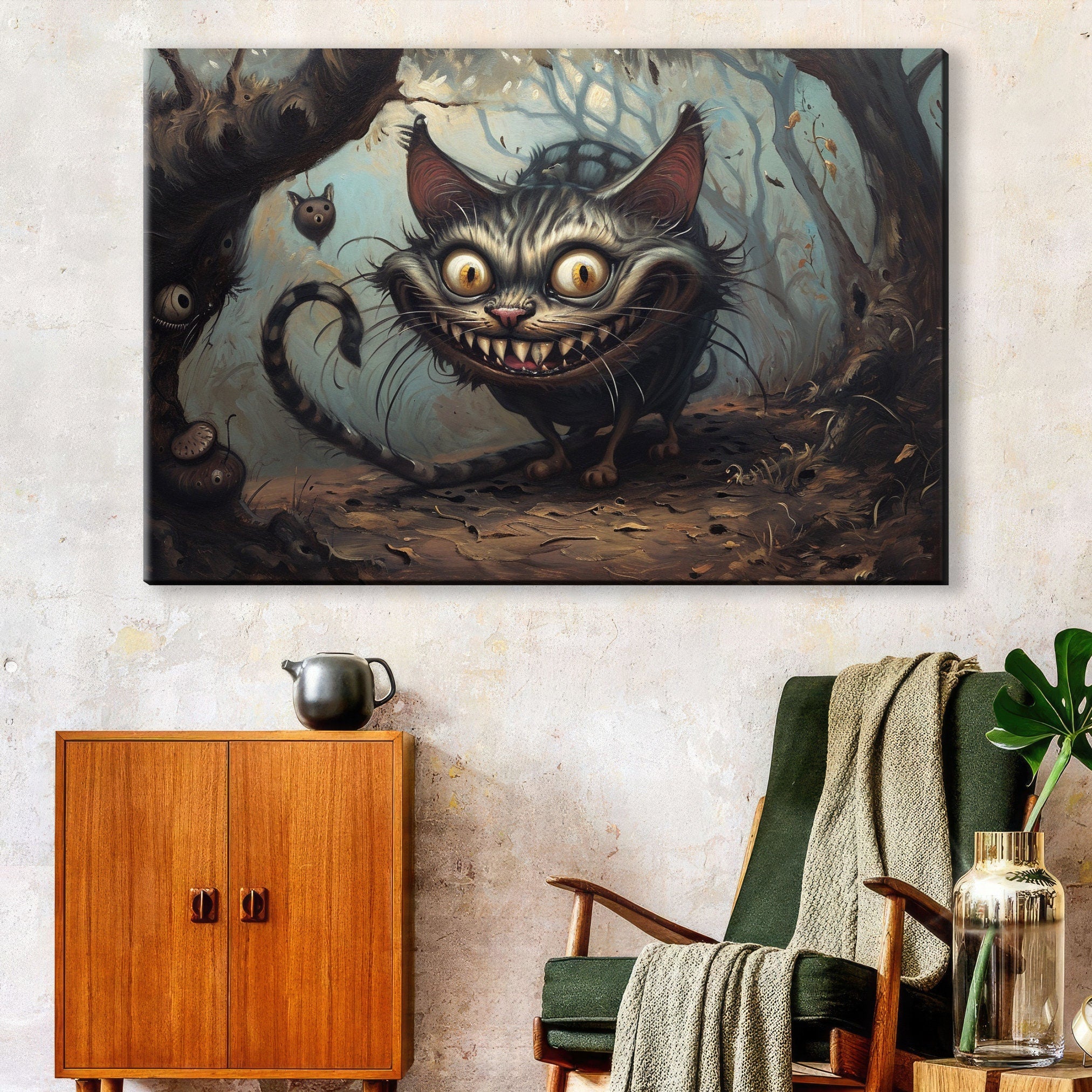 Cheshire Cat Canvas – Gallery Wrapped Print with Mischievous Smile | Extra Large Wall Art