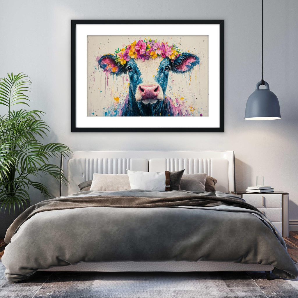 a bedroom with a large bed, a framed painting of a cow with a flower crown on its head, and a potted plant on the left side of the room.