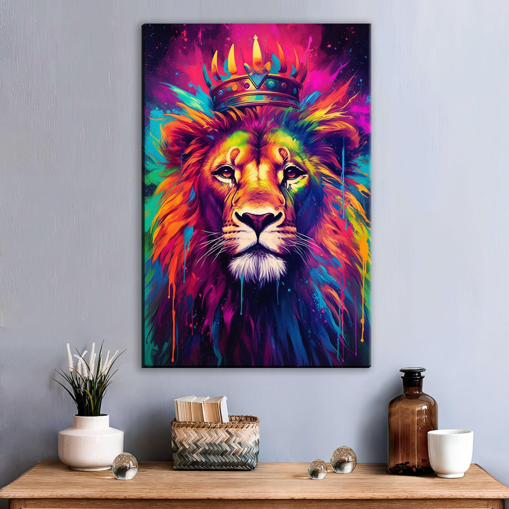 Lion Canvas Wall Art - Majestic Crown Lion Painting on Large Gallery Wrapped Canvas