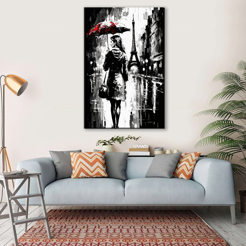 Parisian Cityscape Canvas – Monochrome Wall Art With Red Umbrella, Vintage Paris Print