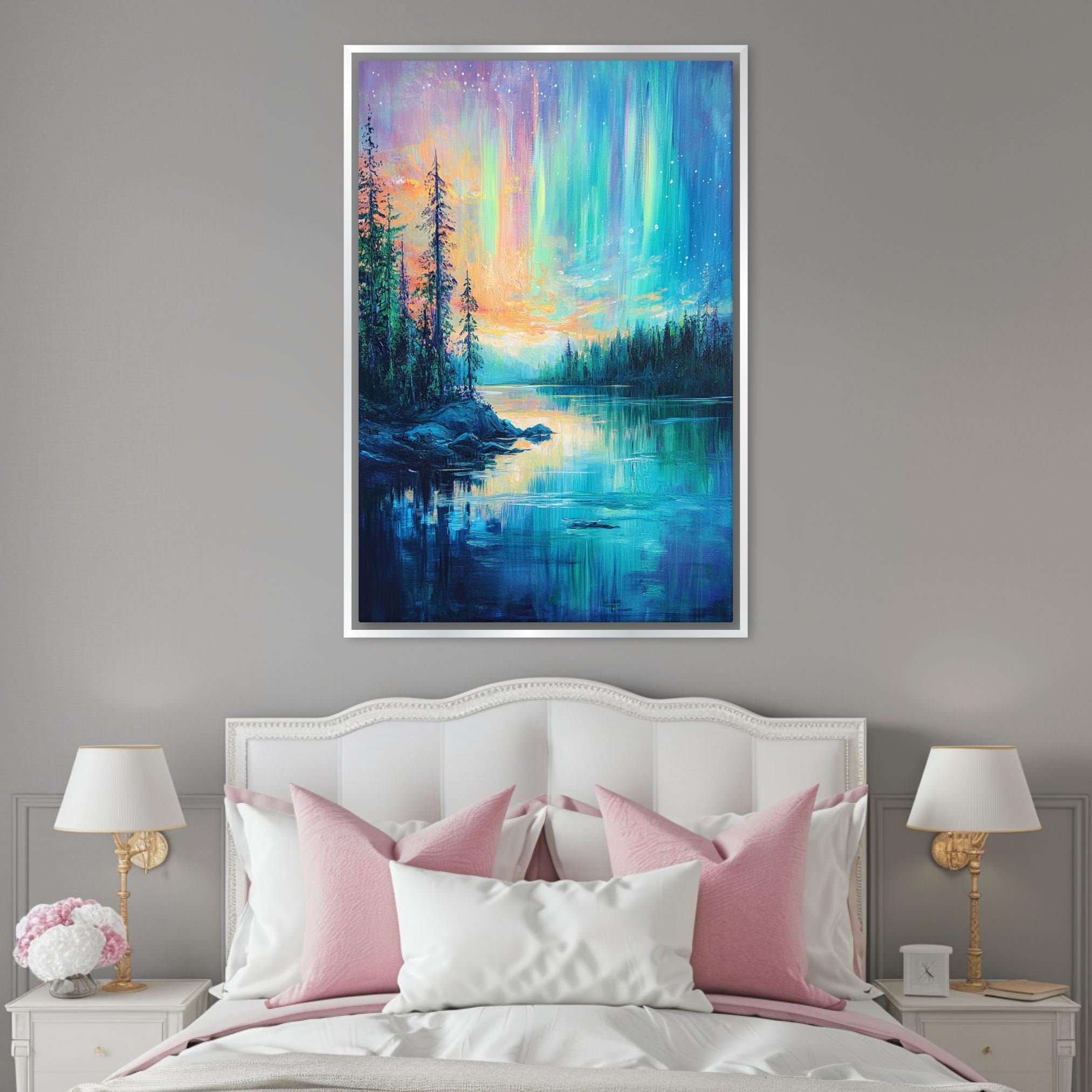 a bedroom with a bed and a painting on the wall