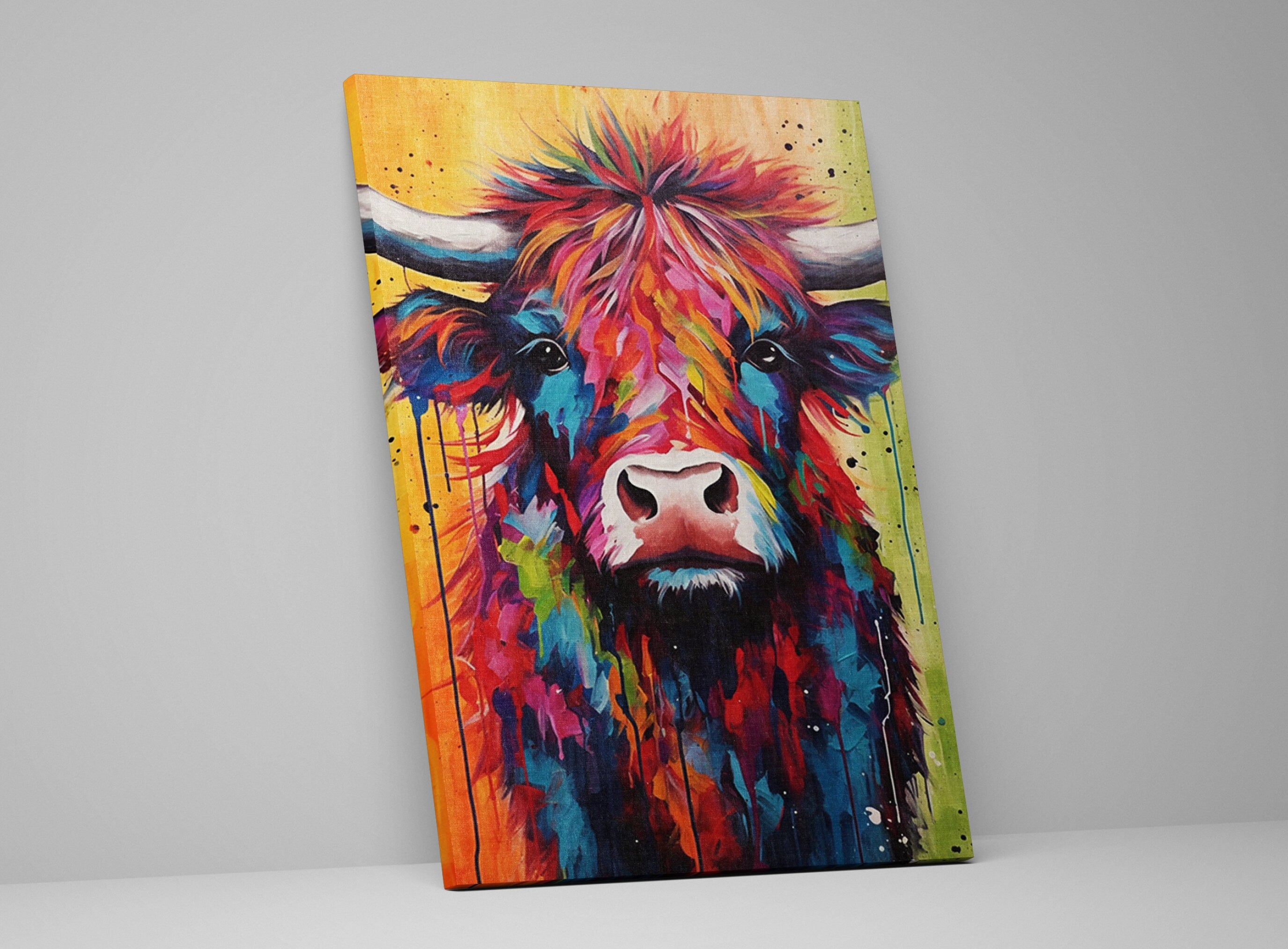 Baby Highland Cow Canvas - Colorful Rustic Calf Painting | Farmhouse Wall Art