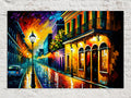 The image is a vibrant and colorful painting depicting a lively street scene with buildings, a car, and a street lamp.