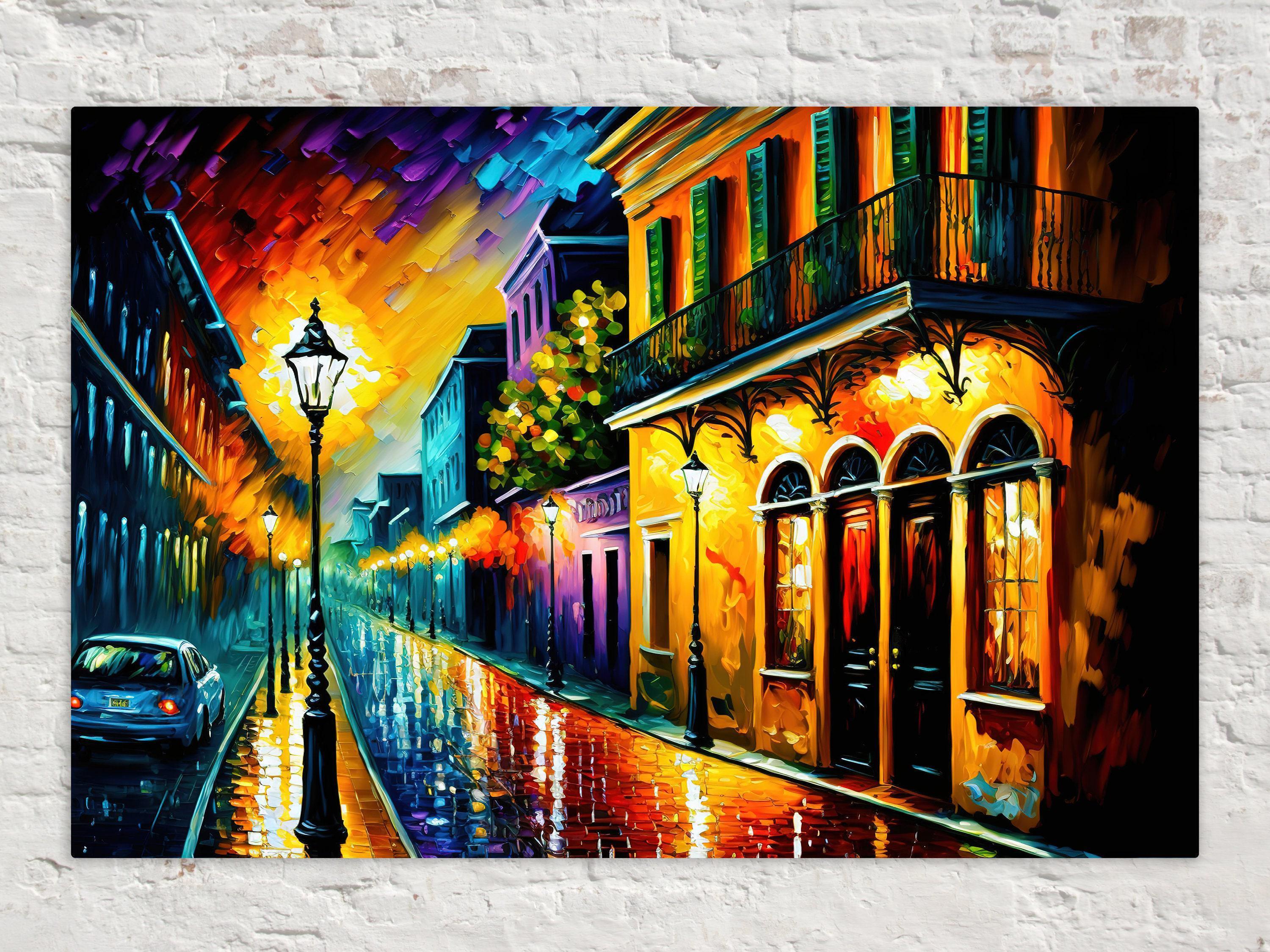 The image is a vibrant and colorful painting depicting a lively street scene with buildings, a car, and a street lamp.
