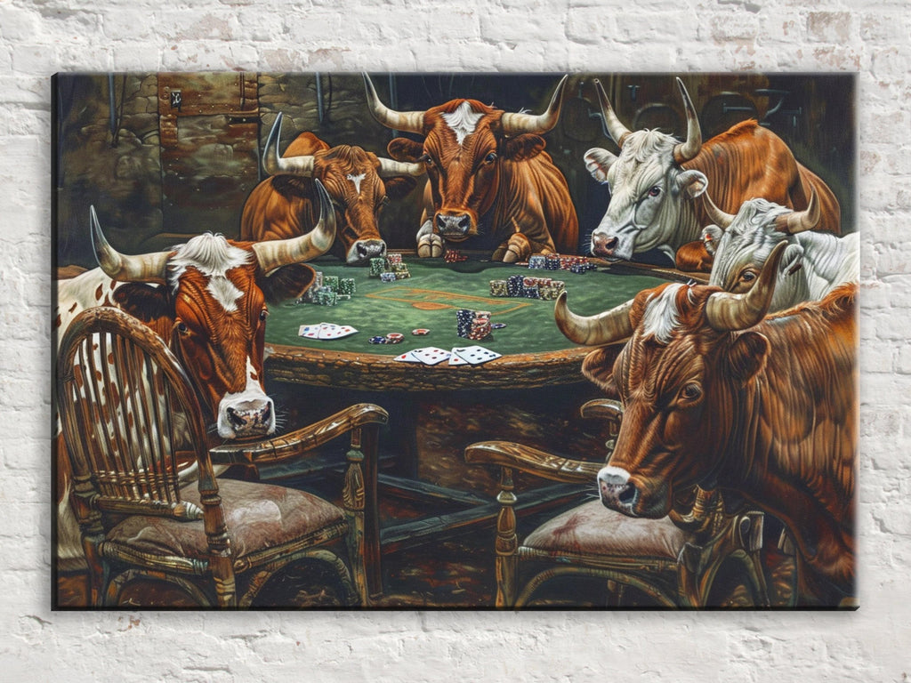 a group of cows gathered around a table, playing a game of poker.