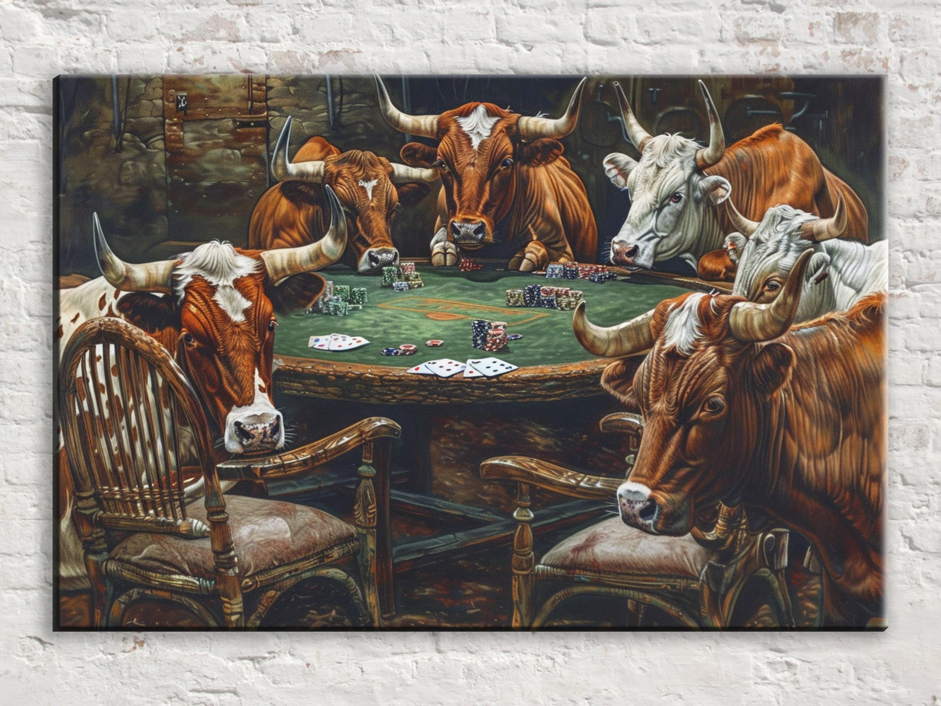 a group of cows gathered around a table, playing a game of poker.