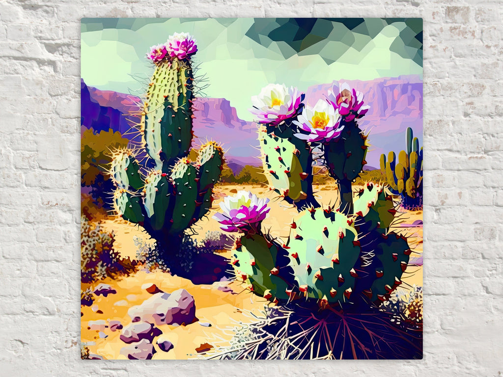 Desert Cactus Art – Purple Green Cactus Blossom on Gallery Wrapped Canvas, Ready to Hang