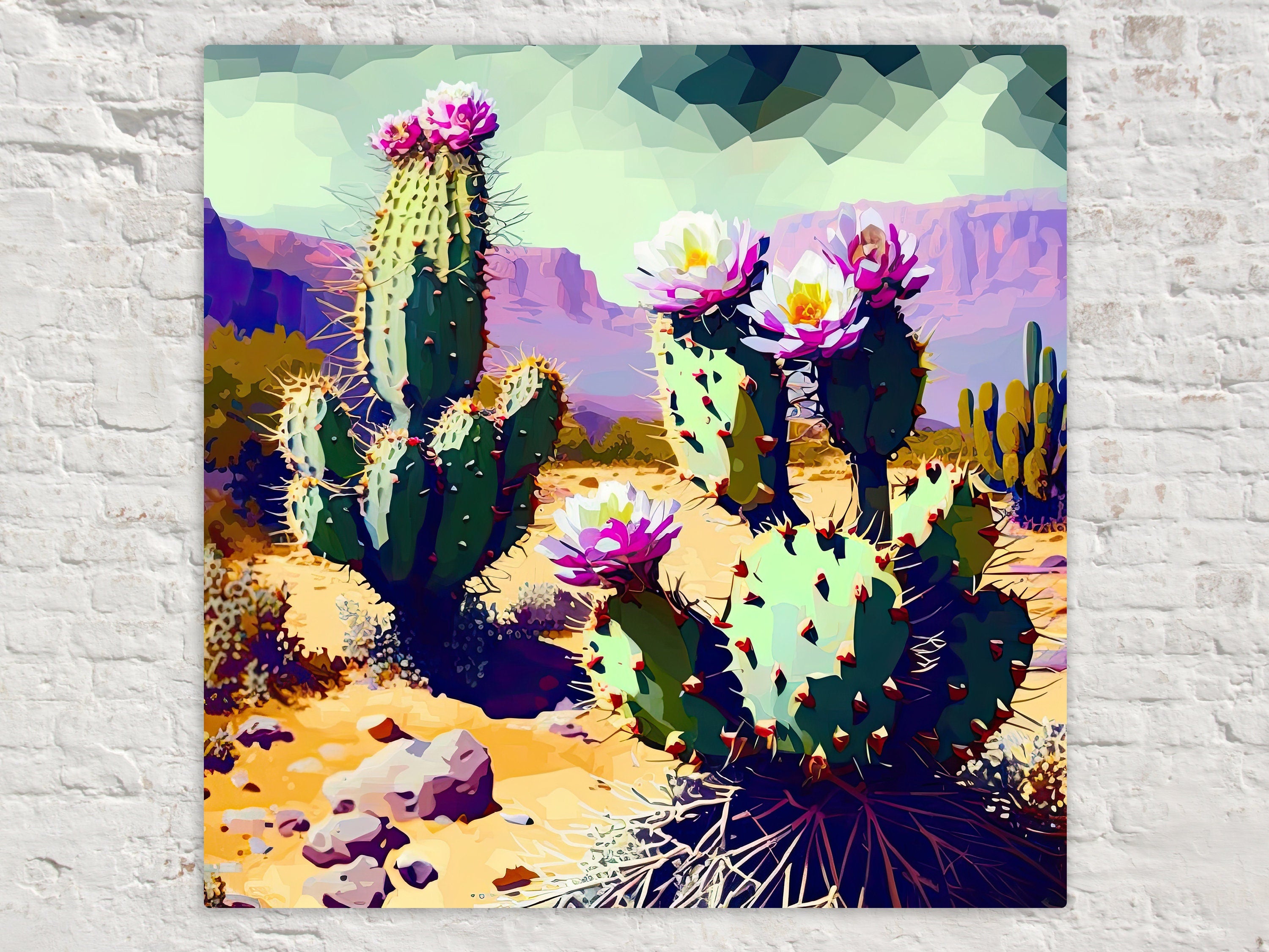 Desert Cactus Art – Purple Green Cactus Blossom on Gallery Wrapped Canvas, Ready to Hang