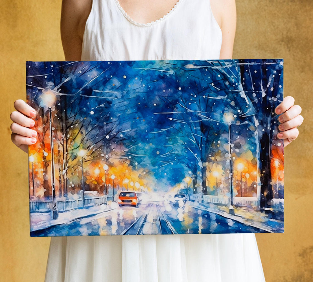 Enchanting Winter Scene Watercolor Wall Art, Giclee Print on Canvas, Artist Paper, Watercolor Paper, Available in Extra Large Sizes
