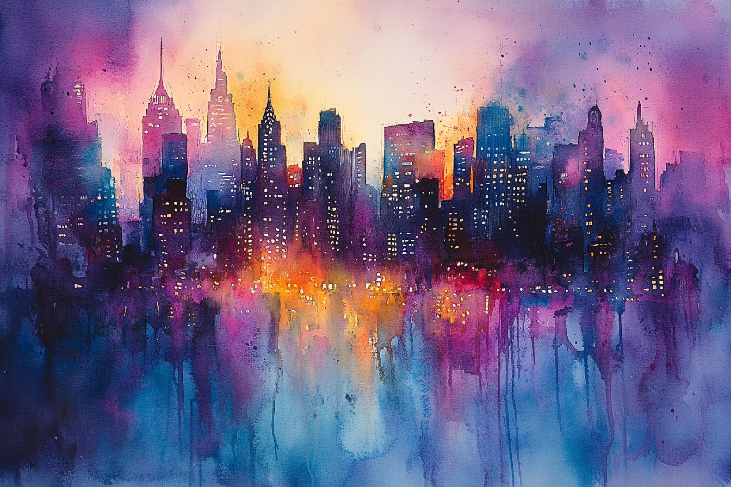 The image is a vibrant watercolor painting depicting a cityscape at night, with the city's skyscrapers and buildings illuminated against a colorful sky.