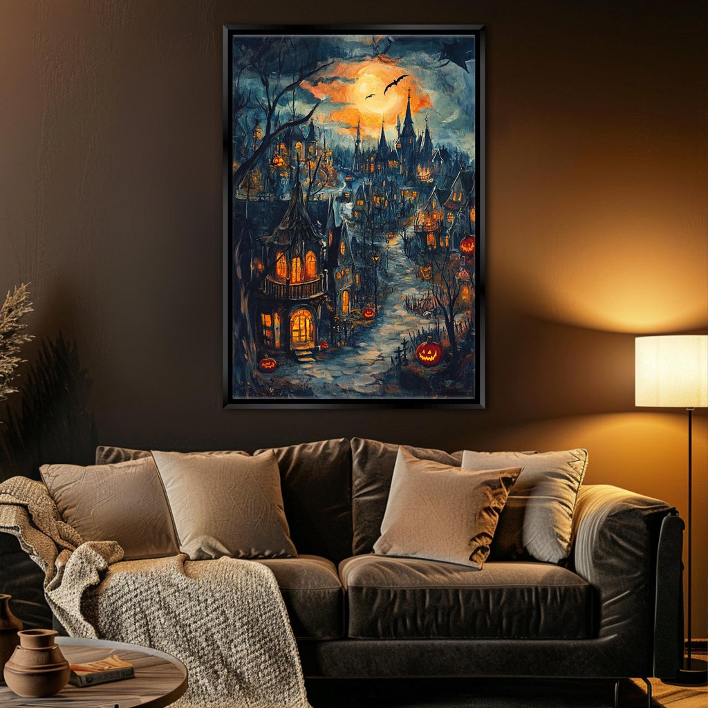 Halloween Town Canvas - Extra Large Framed Wall Art | Spooky Seasonal Decor