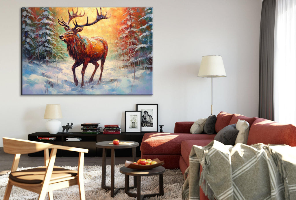 Reindeer Wall Art - Rustic Christmas Canvas Art | Extra Large Gallery Wrapped Holiday Decor