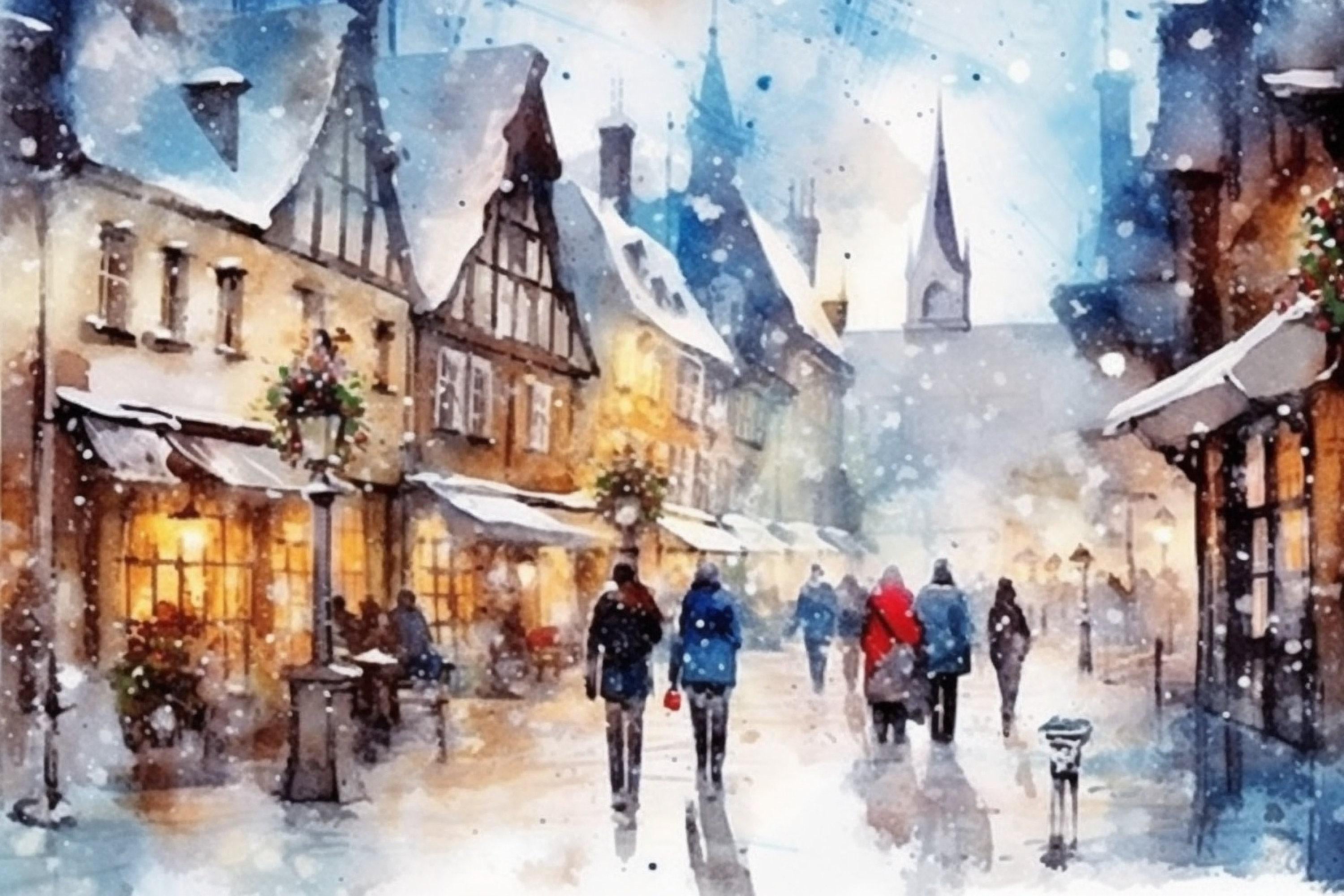 Watercolor Christmas Village - Festive Winter Decor, Giclee Print on Canvas, Artist Paper, Watercolor Paper, Available in Extra Large Sizes