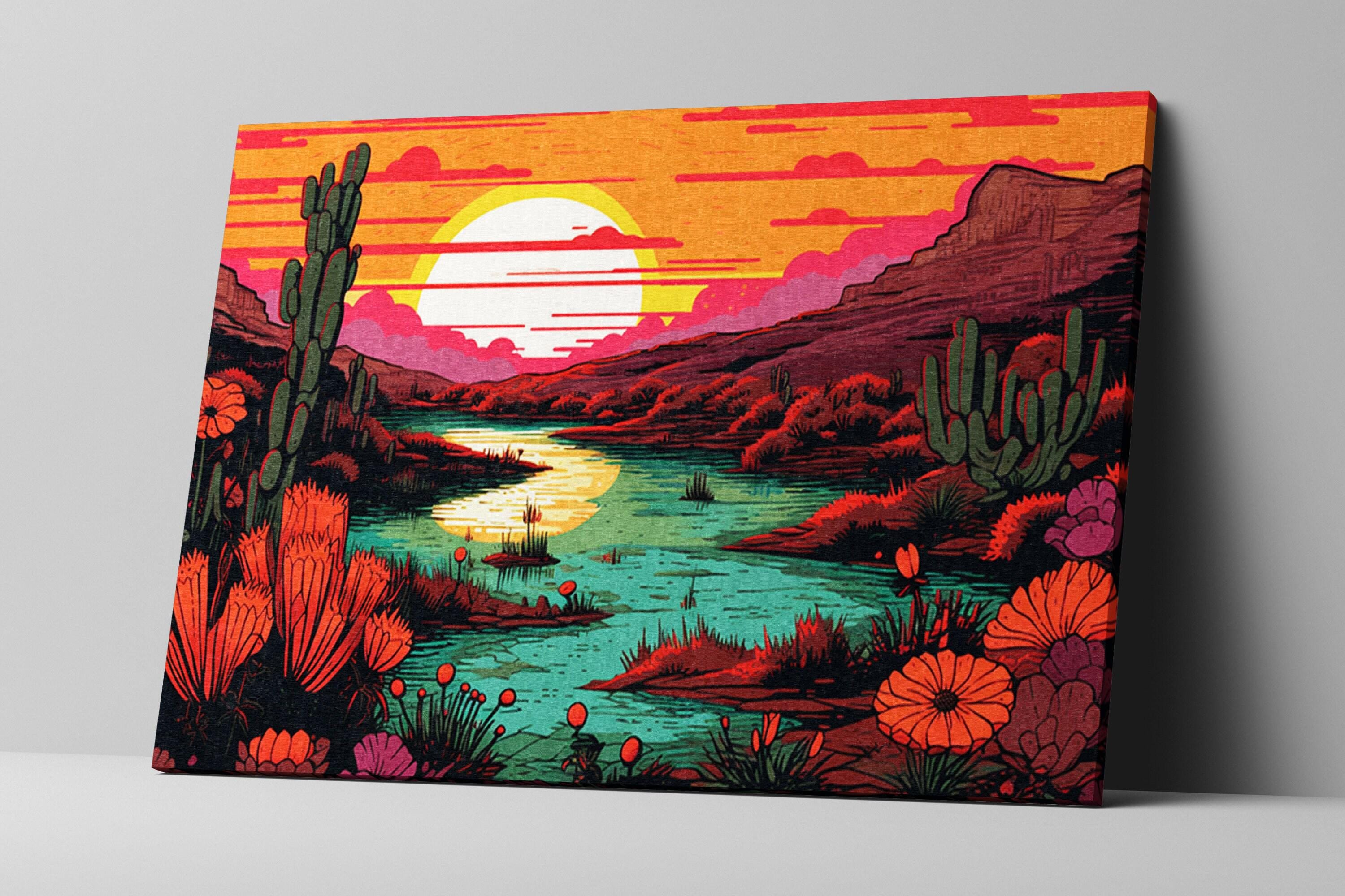 Desert Landscape Art – Linocut Style Canvas | Gallery Wrapped Ready to Hang