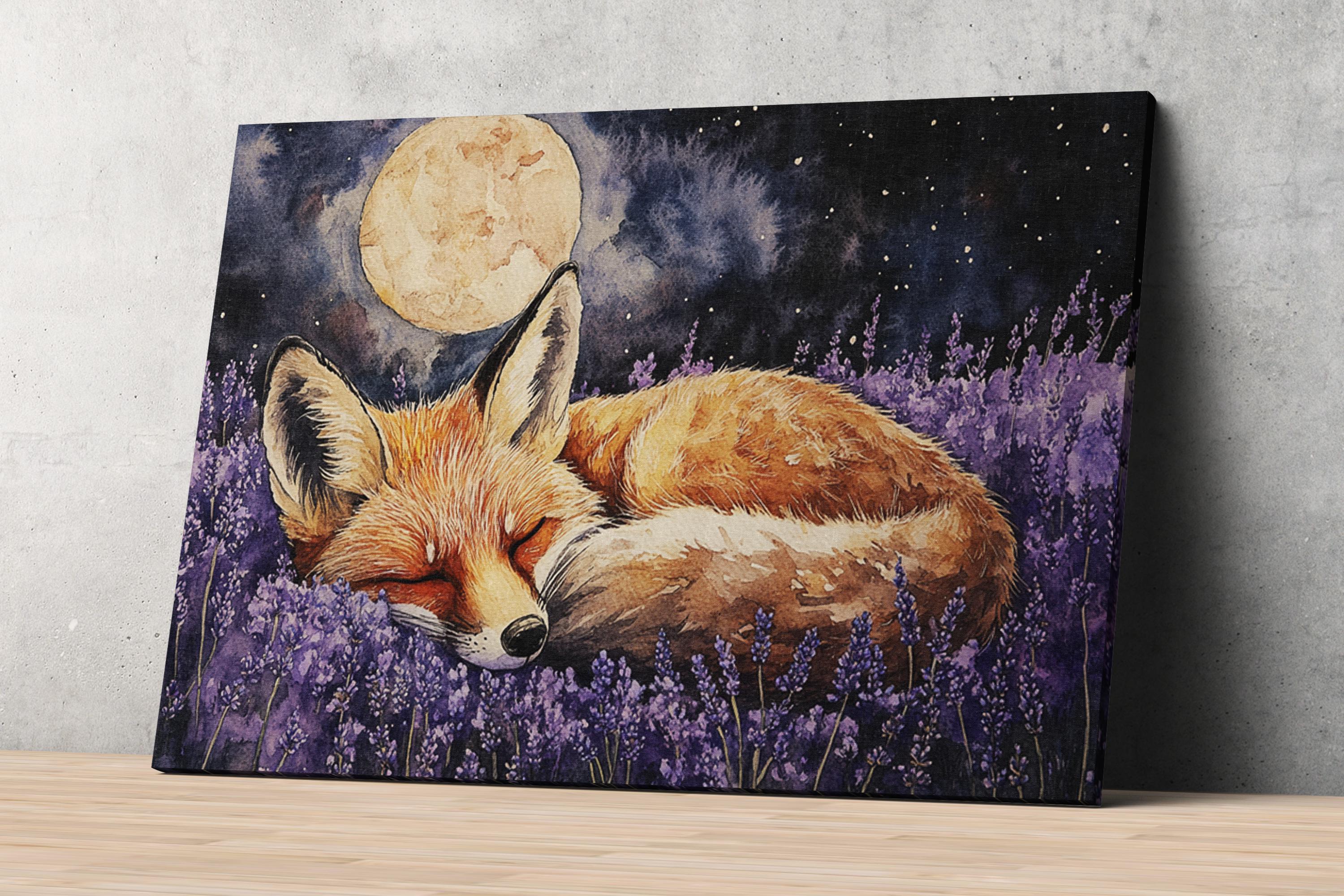 A painting depicting a sleeping fox in a field of purple flowers, with a full moon and stars in the night sky.
