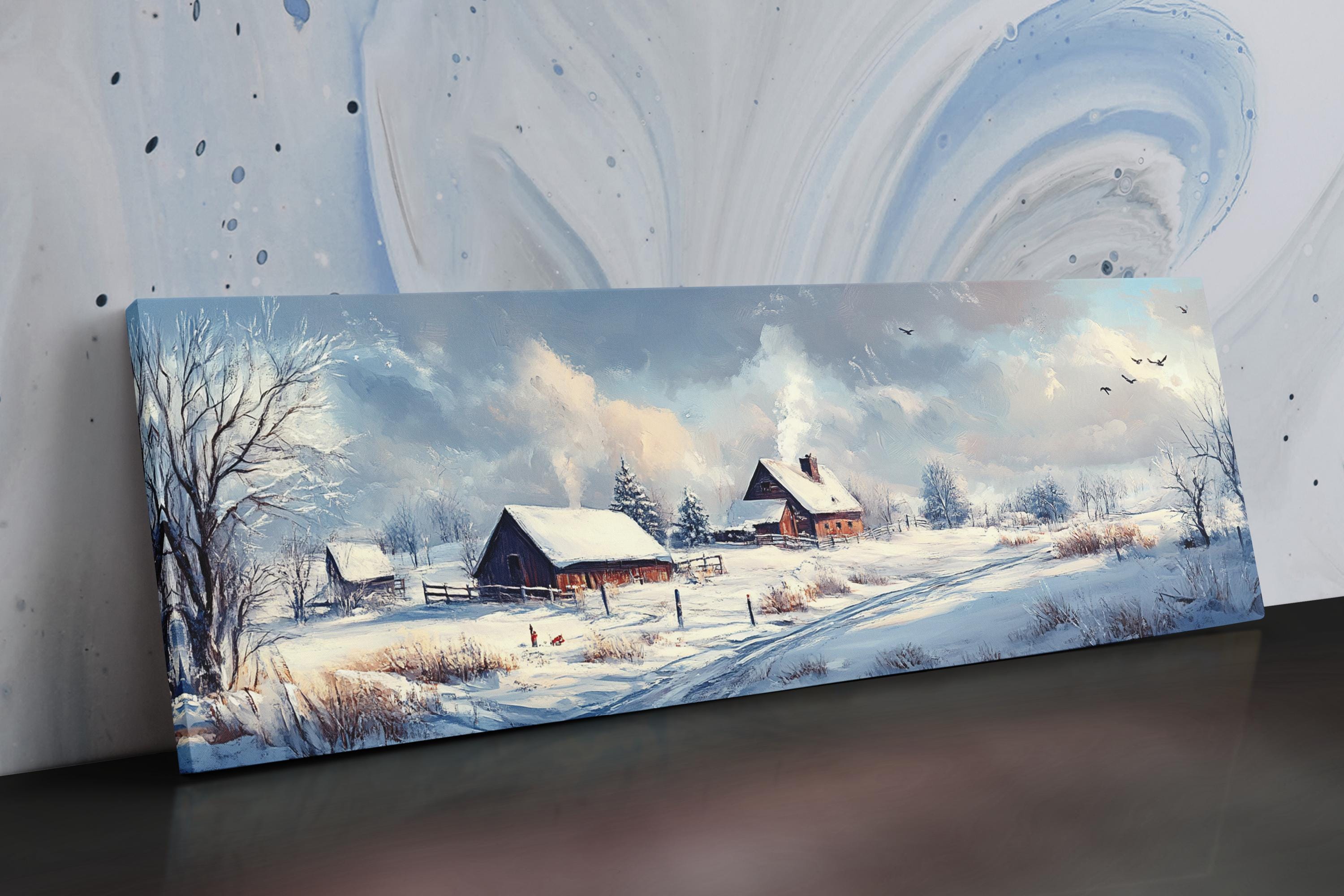 a painting of a snowy landscape with a barn