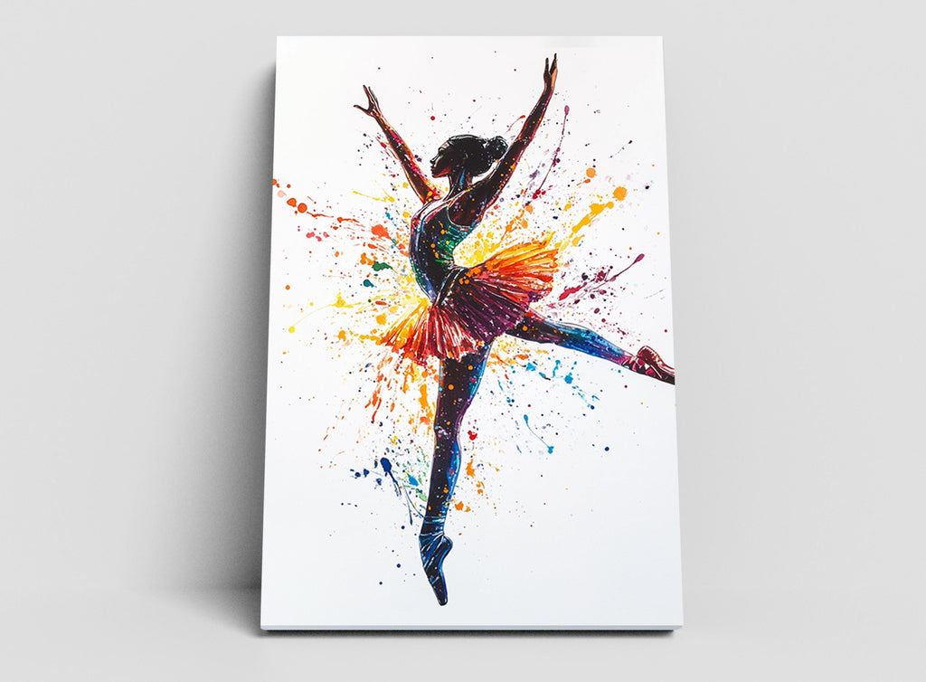 A colorful painting of a ballerina in mid-dance, with splashes of color surrounding her.