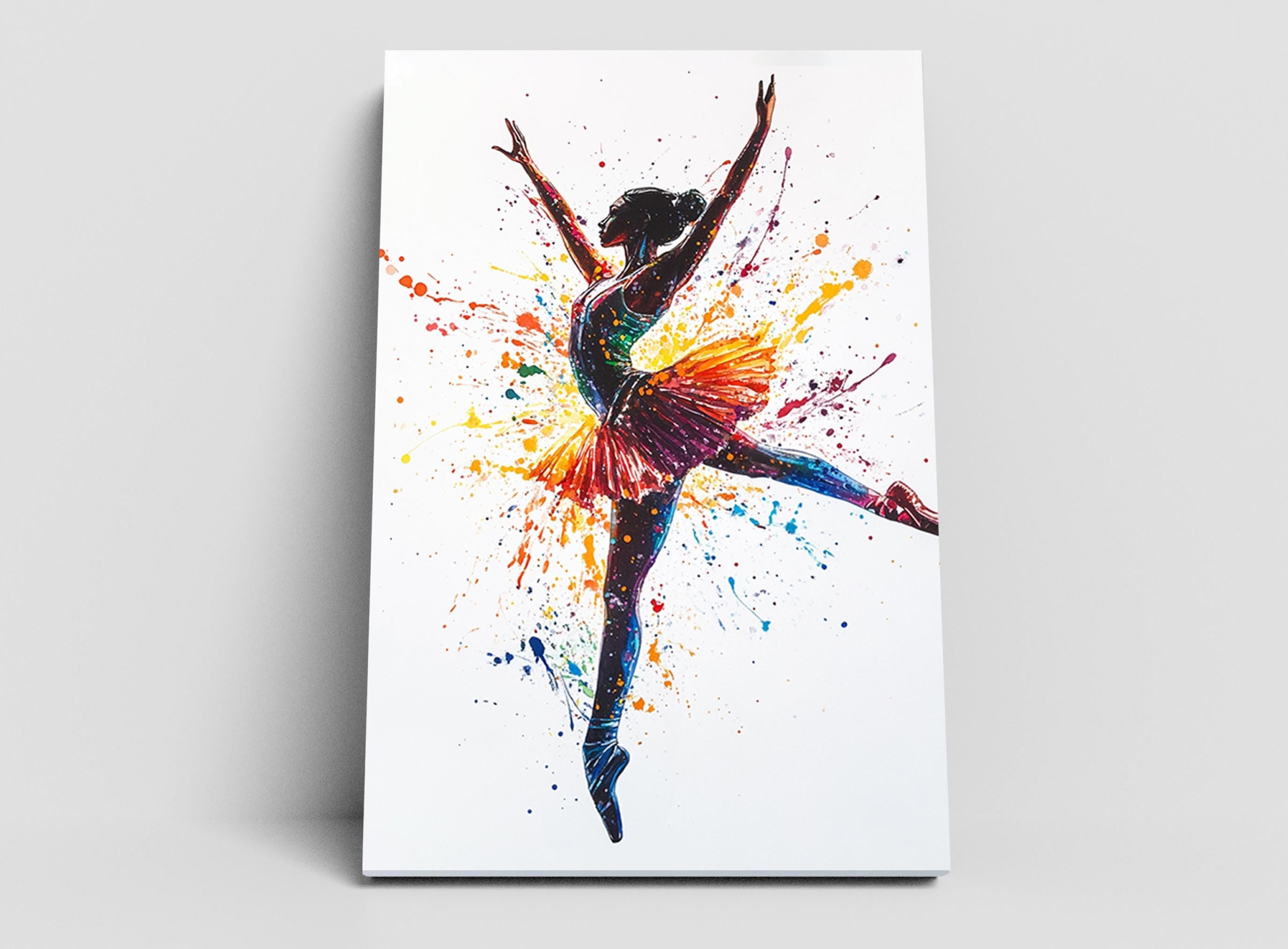 A colorful painting of a ballerina in mid-dance, with splashes of color surrounding her.