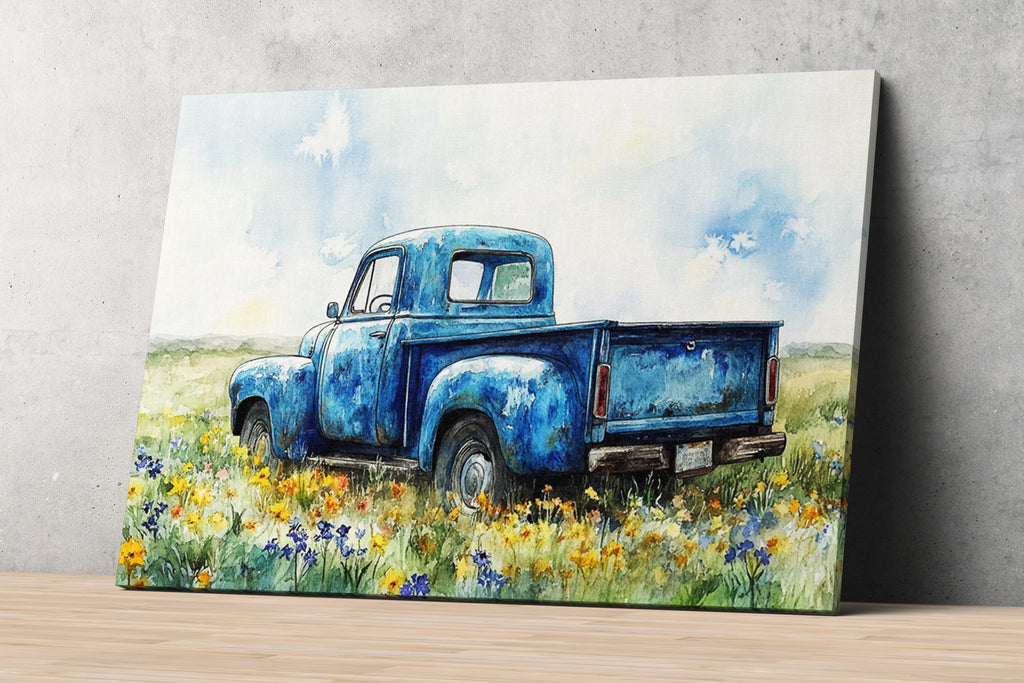 A blue vintage truck is parked in a field of wildflowers, with a cloudy sky in the background.