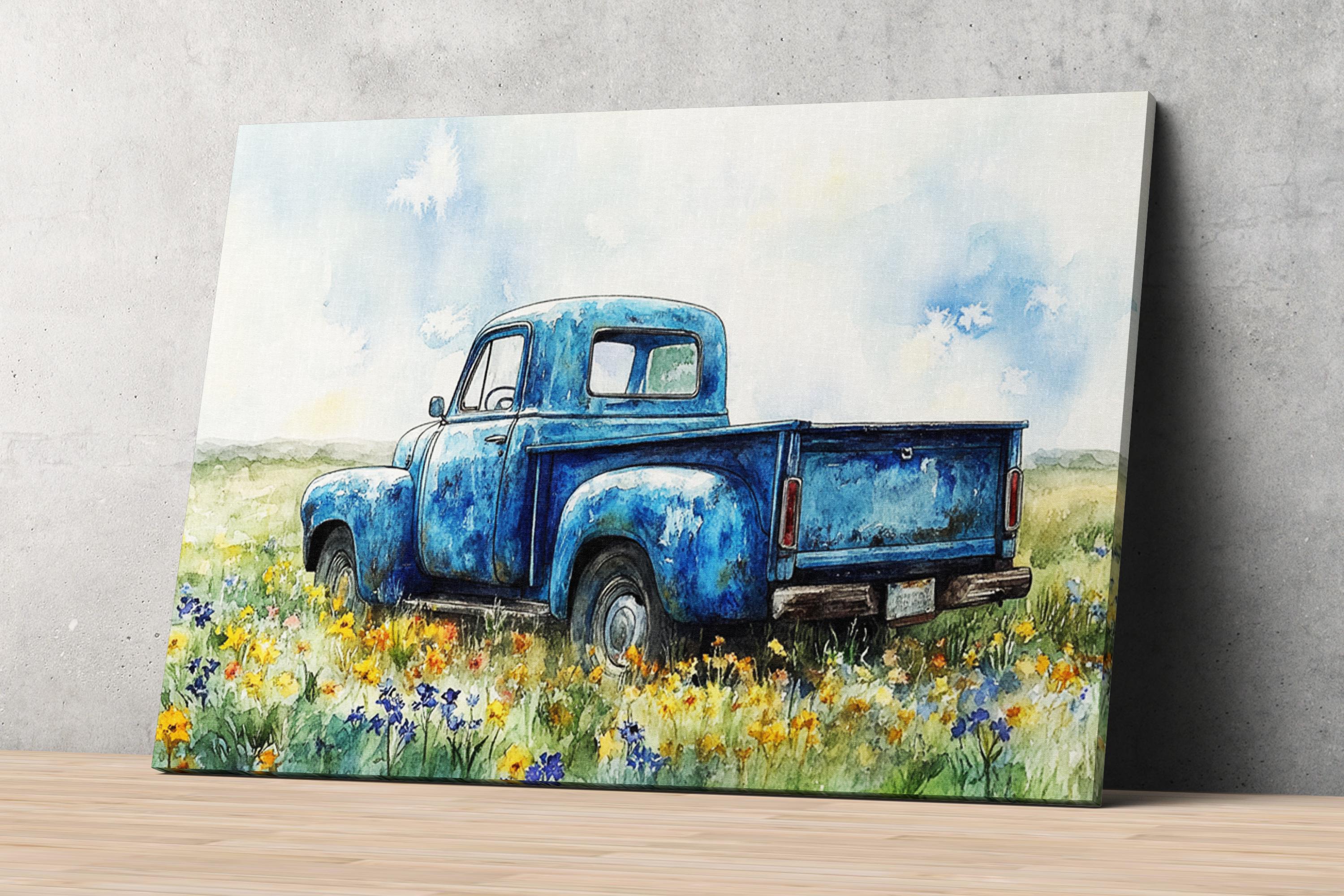 A blue vintage truck is parked in a field of wildflowers, with a cloudy sky in the background.