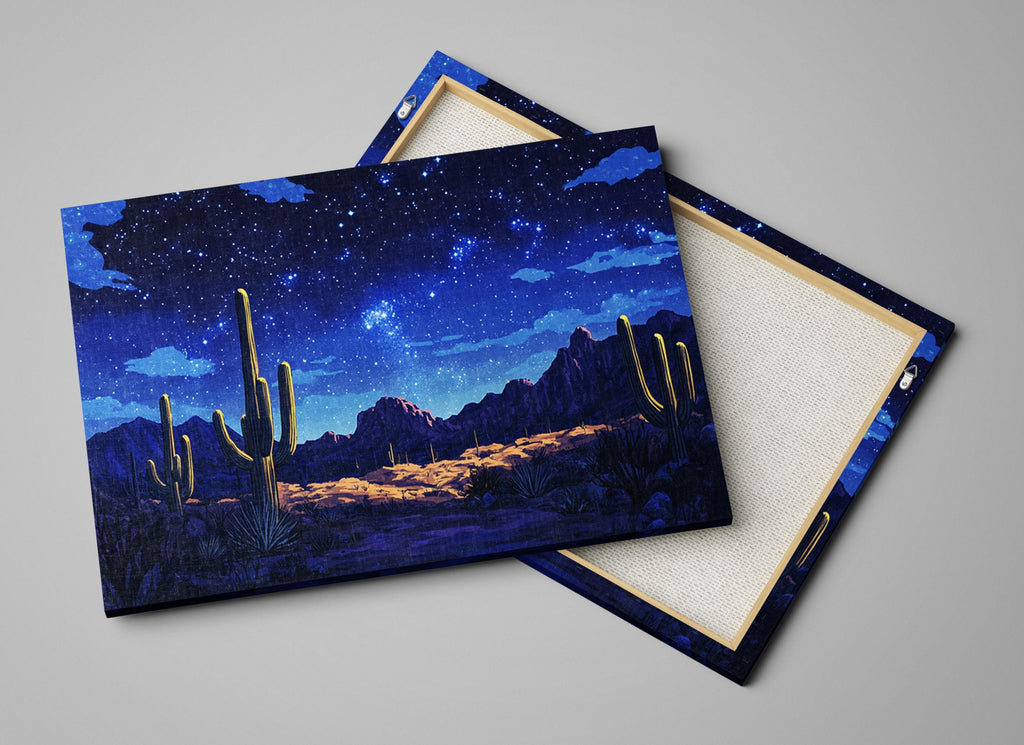 a painting of a desert scene with a sky full of stars