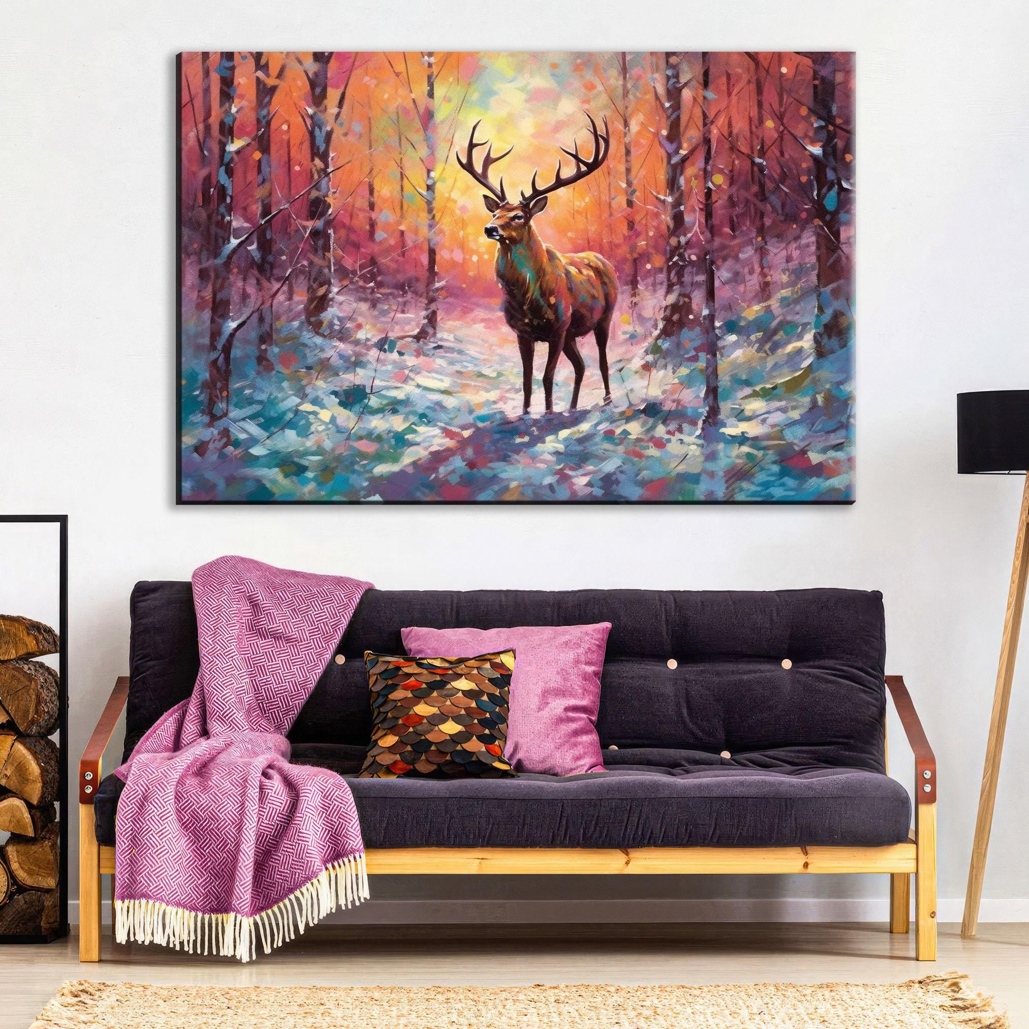 Reindeer Canvas Art - Snowy Winter Landscape | Christmas Wall Decor | Extra Large Canvas