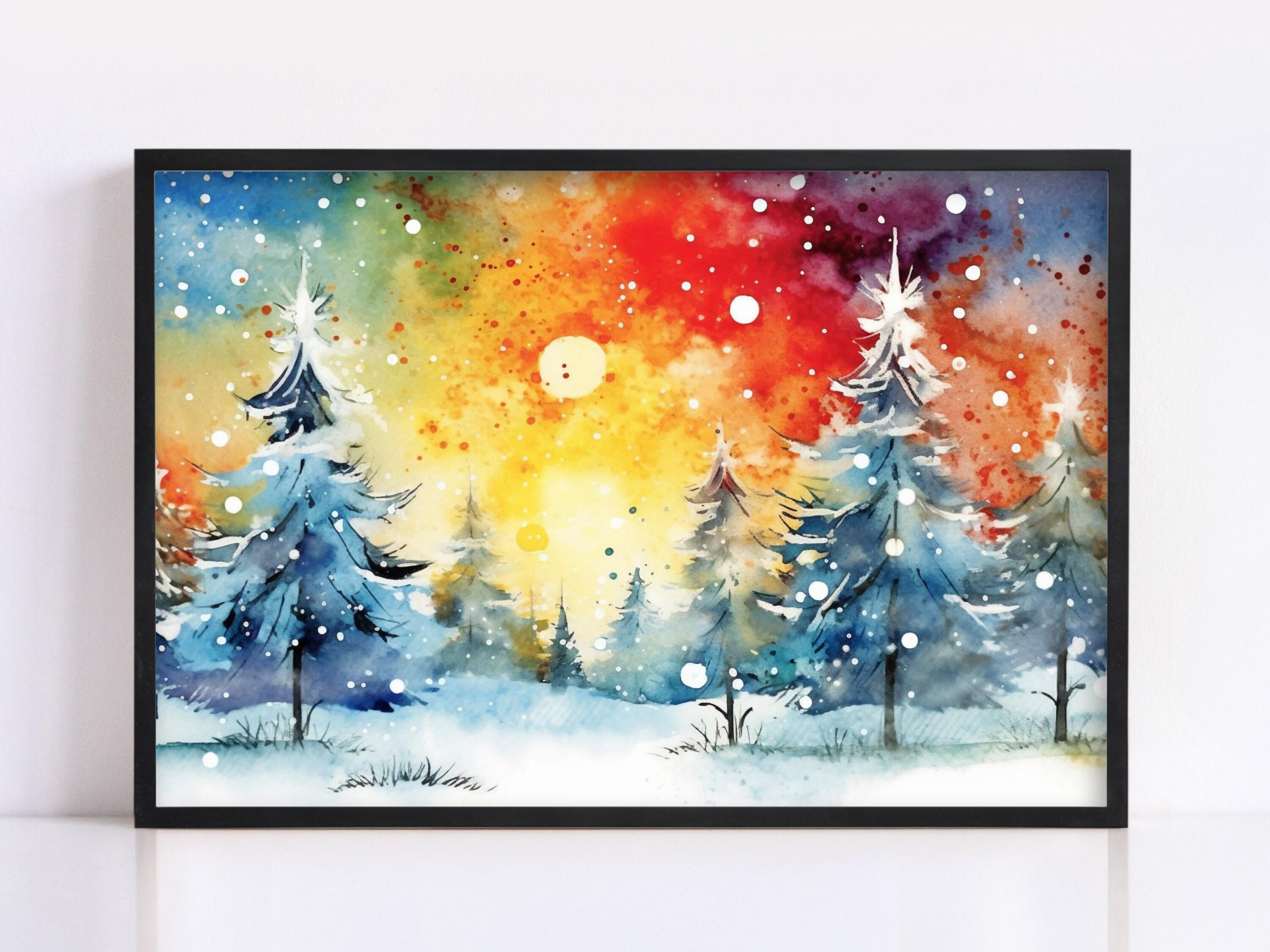 Colorful Winter Forest Watercolor - Christmas Art, Giclee Print on Canvas, Artist Paper, Watercolor Paper, Available in Extra Large Sizes