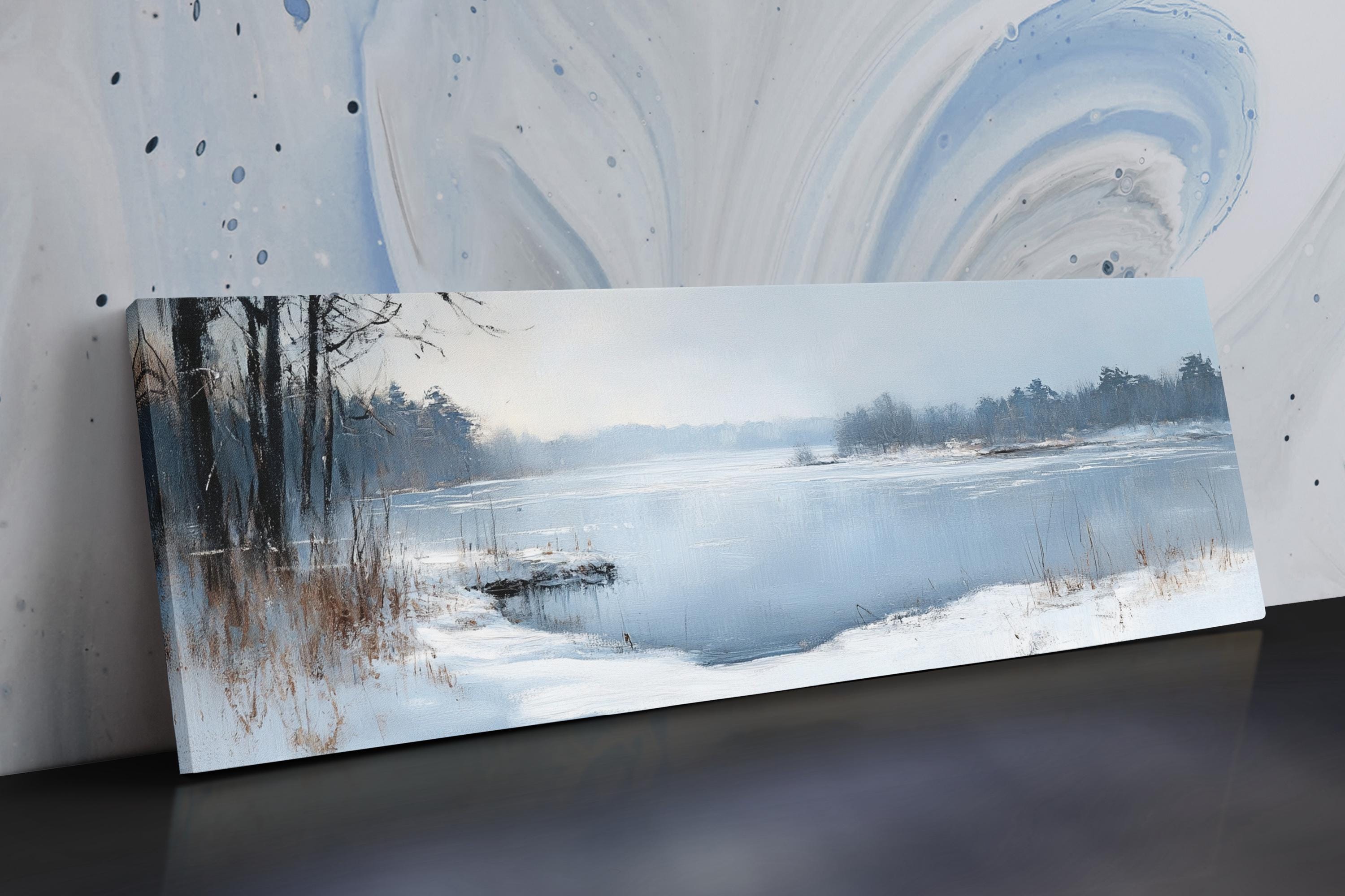 a painting of a frozen lake in winter