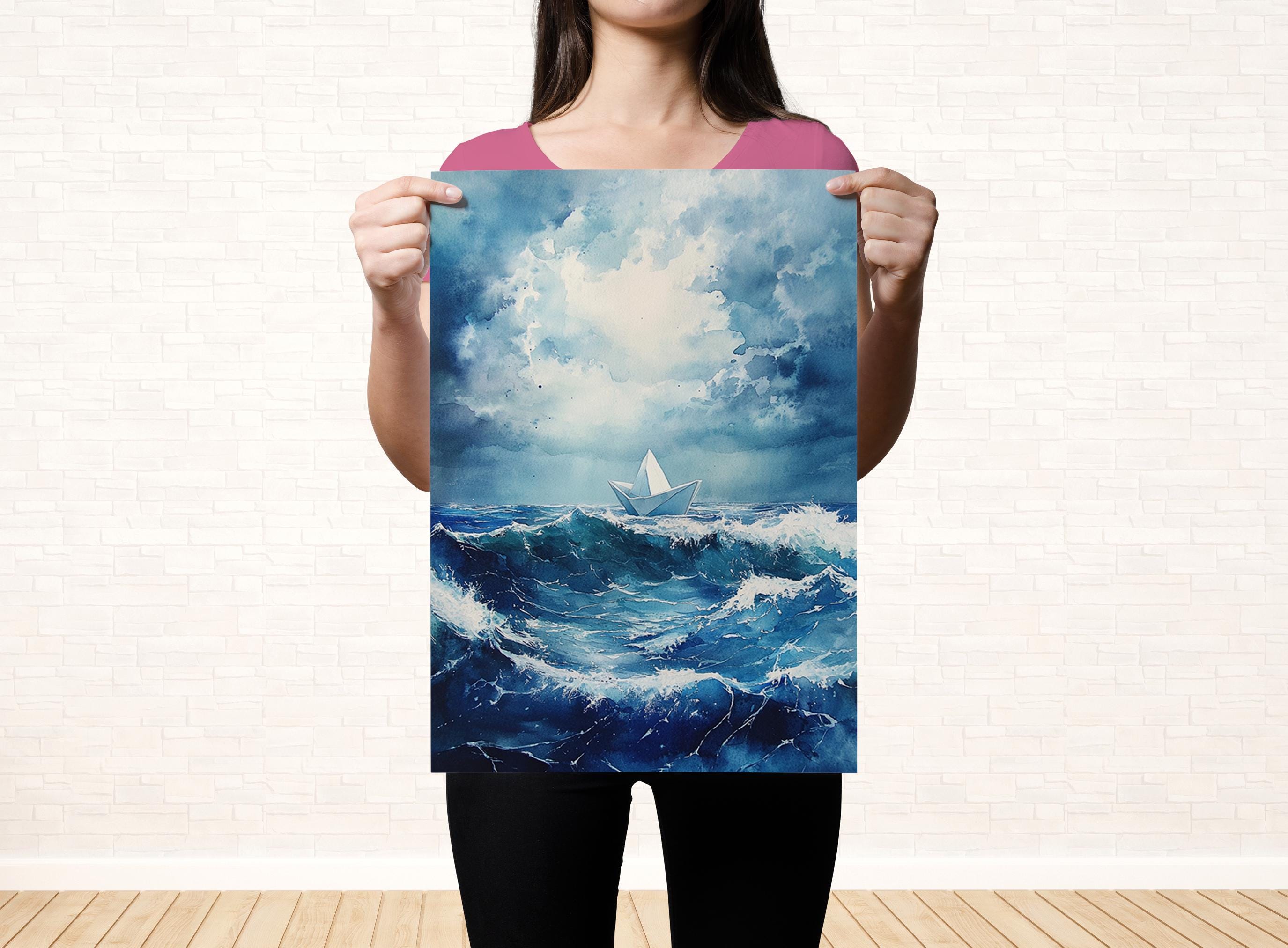 A woman holds up a painting of a ship sailing through a stormy sea, with a cloudy sky above.
