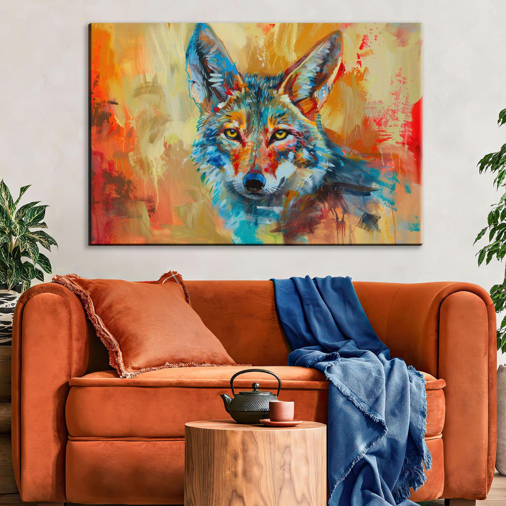 Colorful Coyote Wall Art | Modern Desert Coyote on Gallery Wrapped Canvas, Bold Wall Decor
