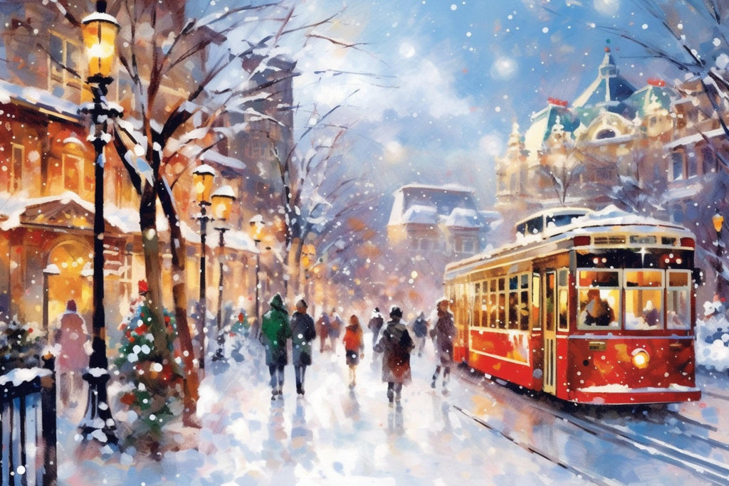 Magical Wintery City Watercolor - Classic Christmas Art, Print on Canvas, Artist Paper, Watercolor Paper, Available in Extra Large Sizes