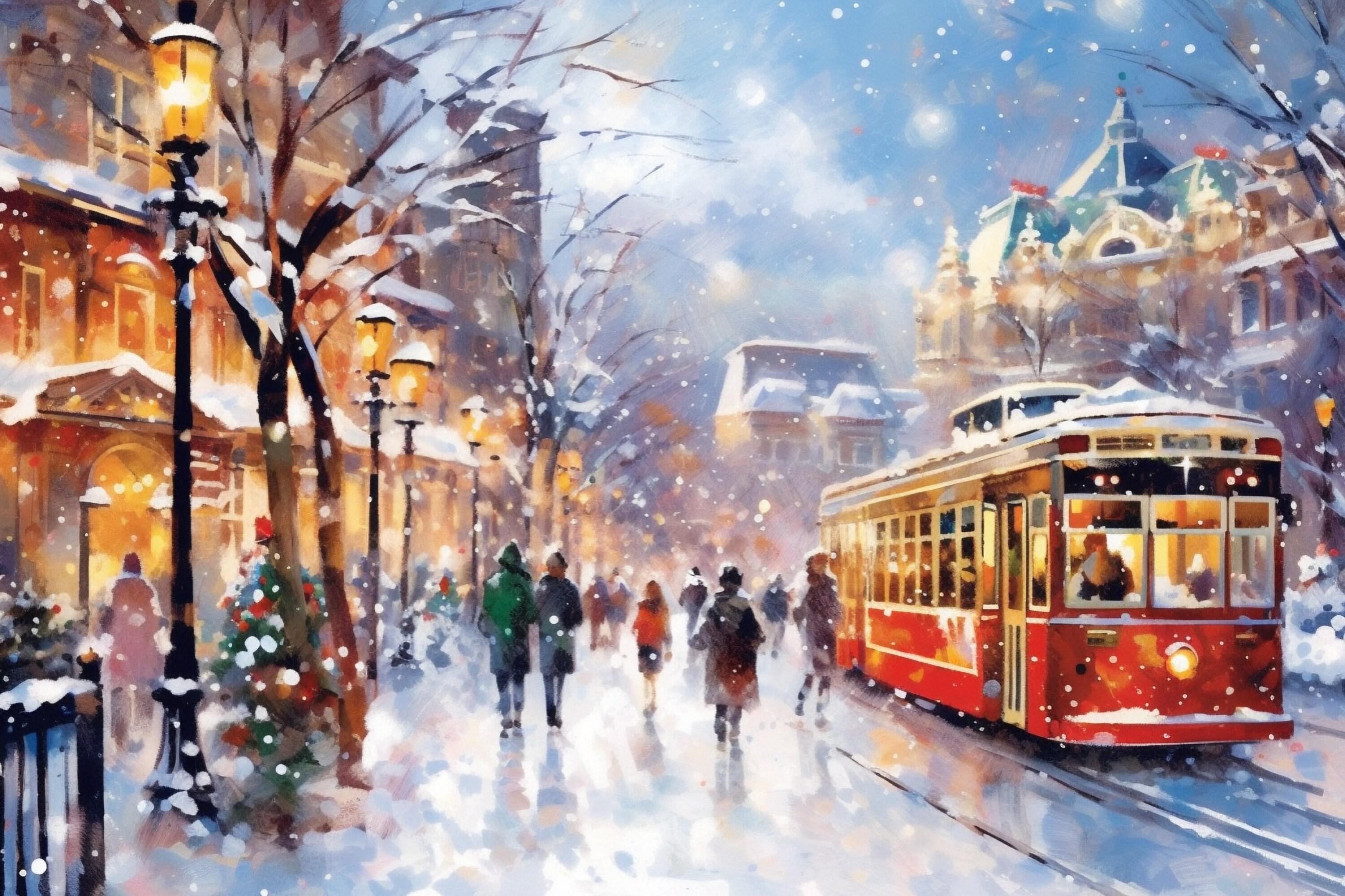 Magical Wintery City Watercolor - Classic Christmas Art, Print on Canvas, Artist Paper, Watercolor Paper, Available in Extra Large Sizes