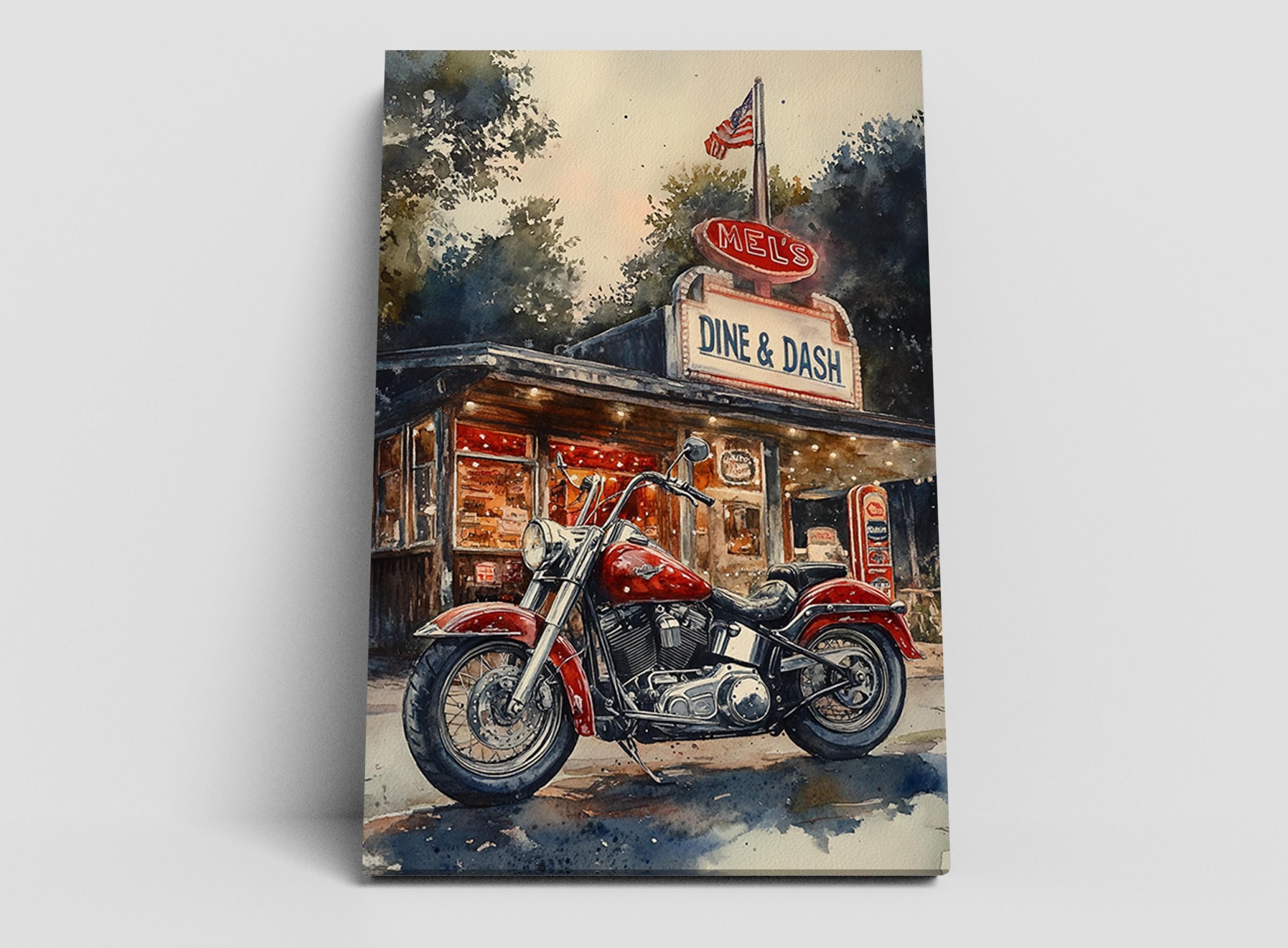 A red motorcycle parked in front of a diner named "MEL'S DINE & DASH", with a flagpole and American flag visible above the diner.