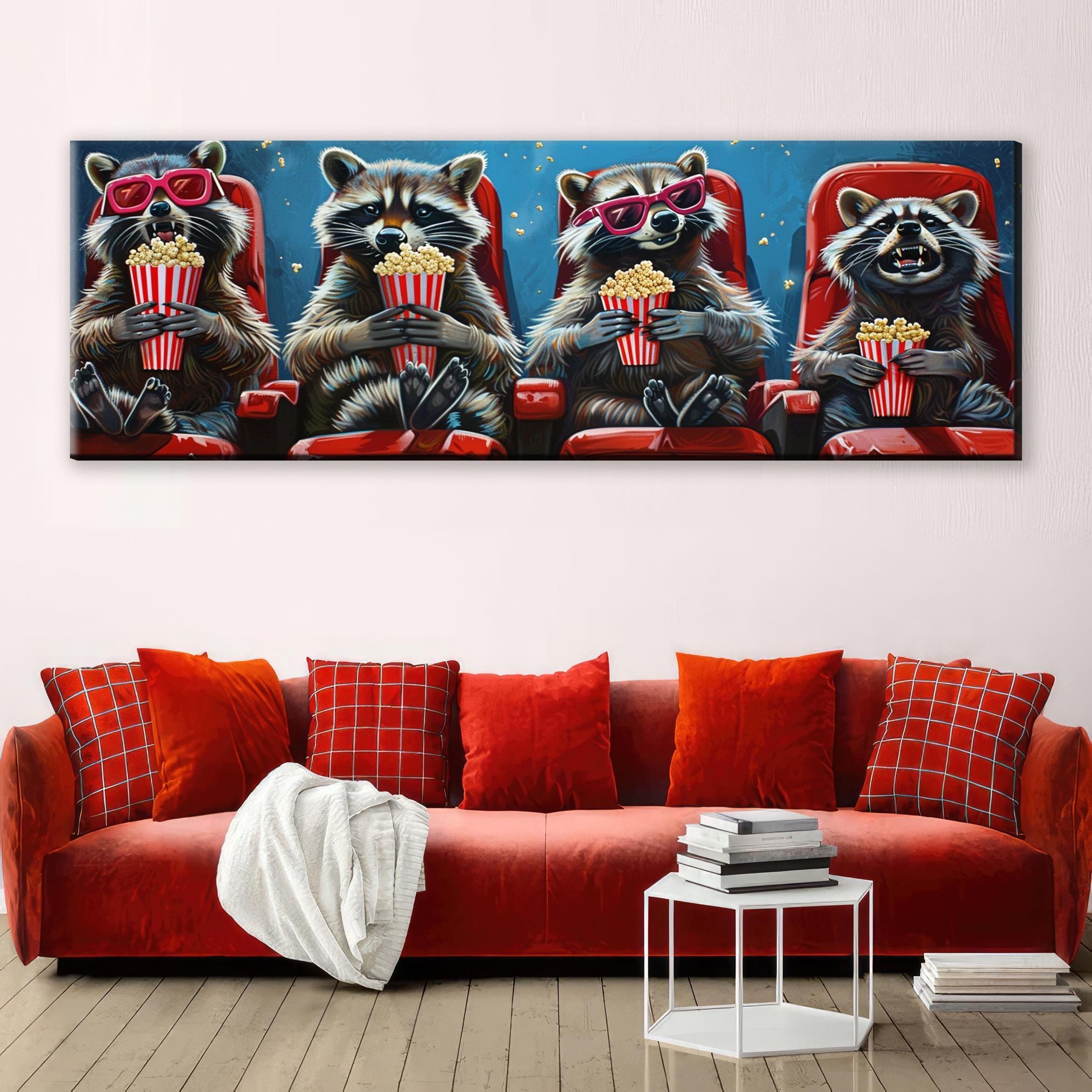 Panoramic Wall Art - Funny Raccoons Movie Theater Decor | Extra Large Canvas Ready to Hang