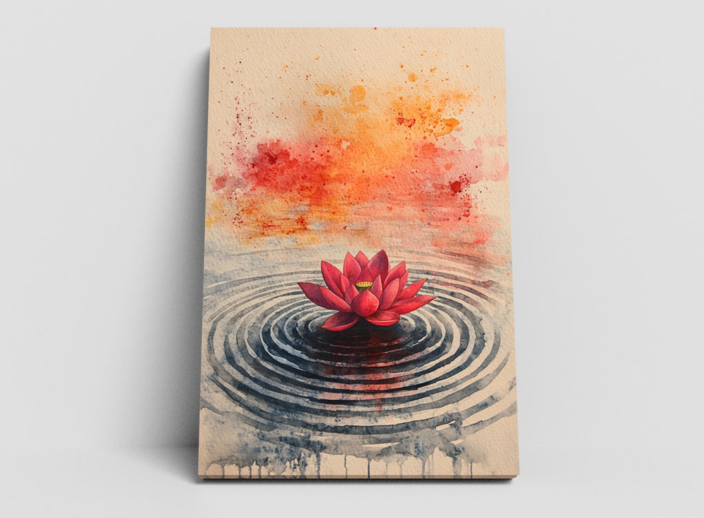 A watercolor painting depicting a single red lotus flower floating on a rippled surface, with a vibrant splash of orange and red paint in the background.