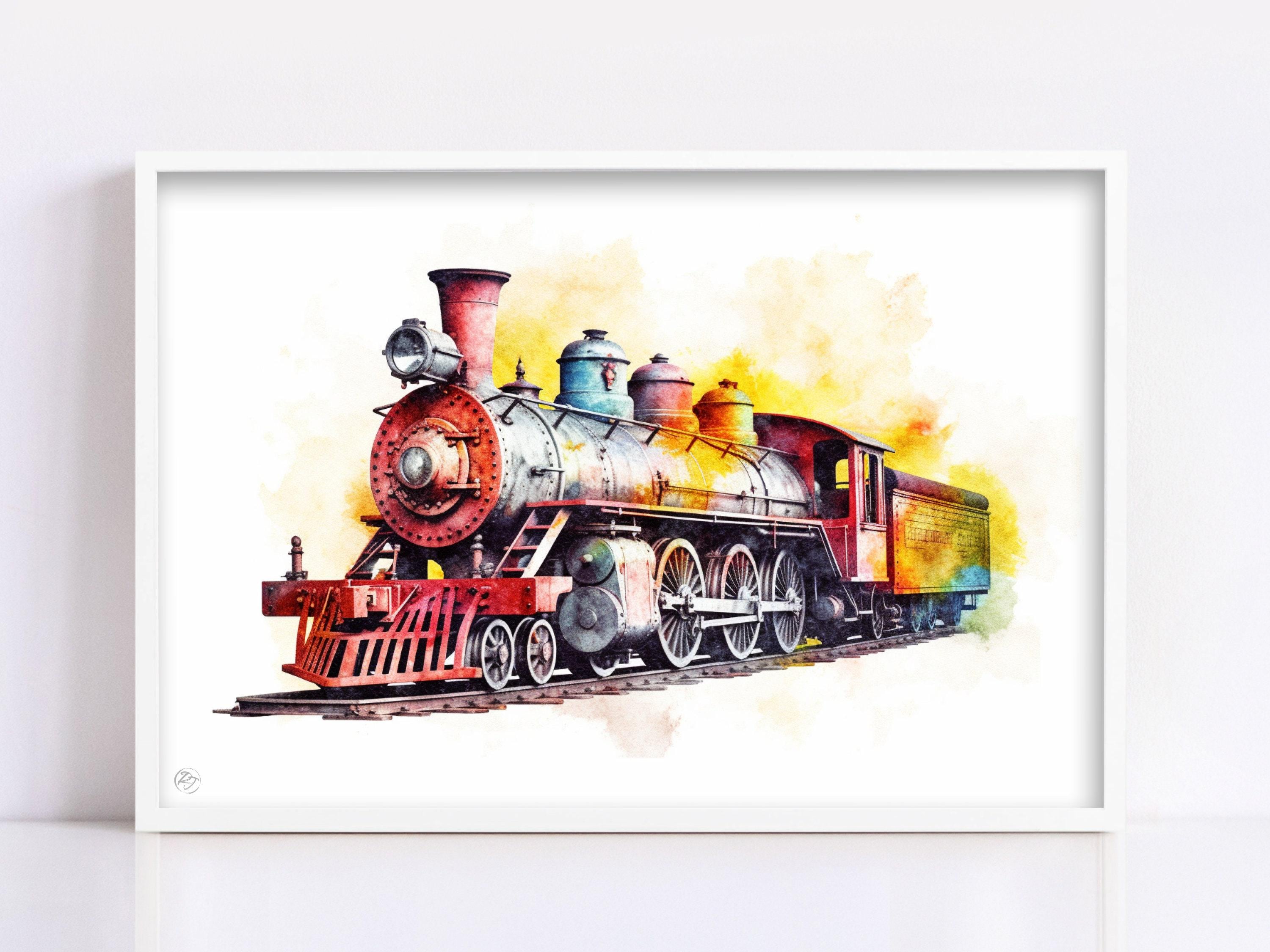 Train Travel Dreams: Watercolor Locomotive Painting, Giclee Print on Canvas, Artist Paper, Watercolor Paper, Available in Extra Large Sizes
