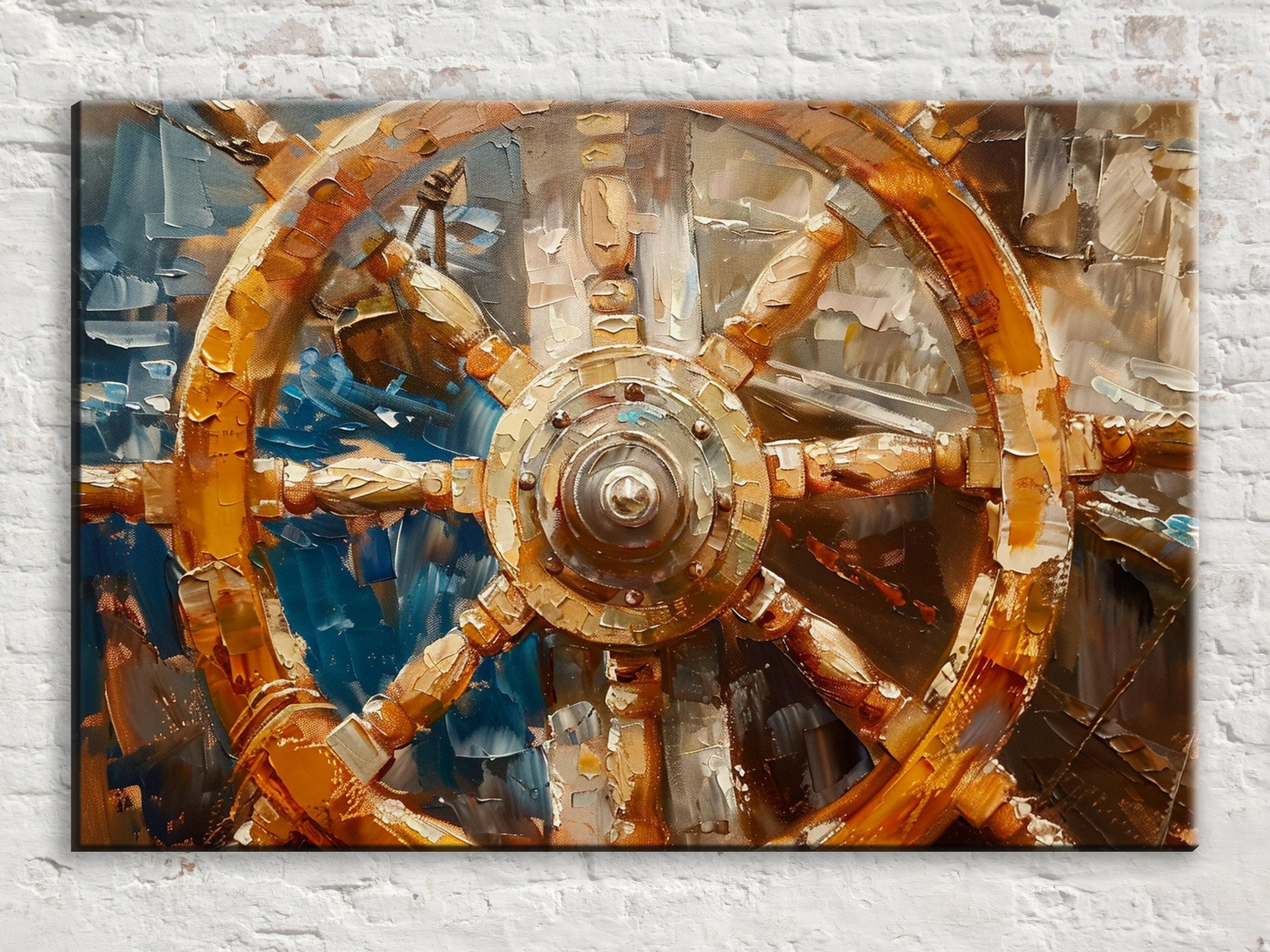 Vintage Ship Wheel Art – Large Gallery Wrapped Canvas | Nautical Heritage Wall Decor