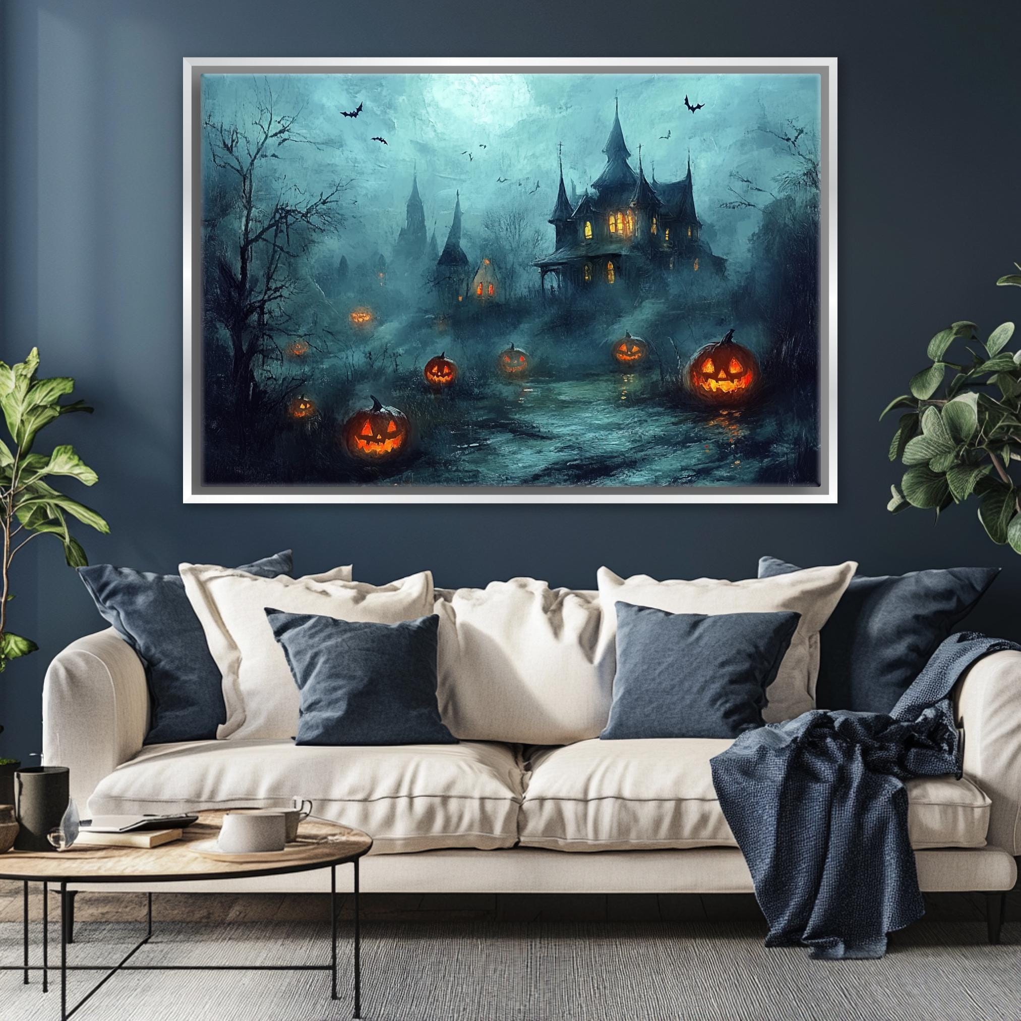 Haunted House Wall Art – Spooky Halloween Decor | Extra Large Framed Canvas